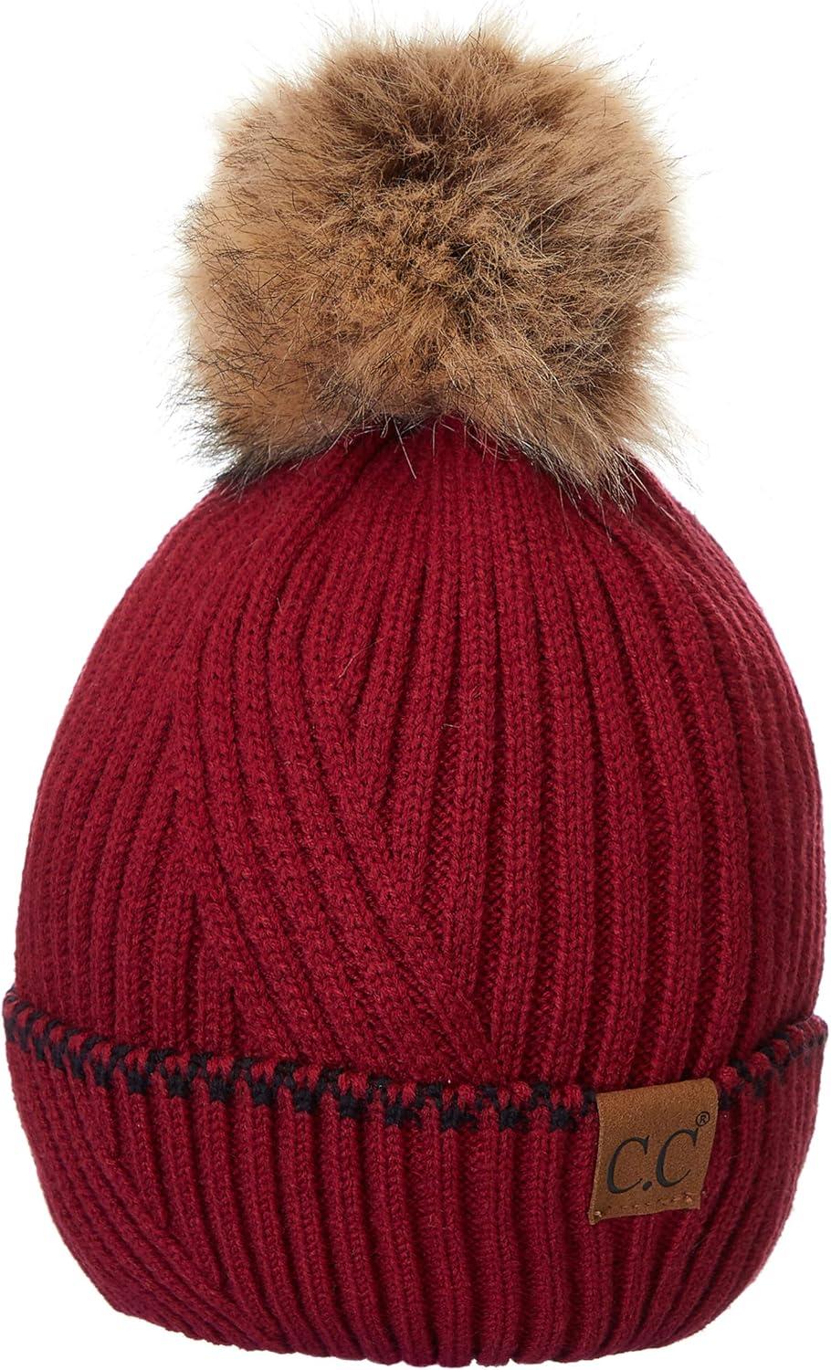 imageCC Exclusives Geometric Cable Beanie Hat with Faux Fur Pom HAT2298HAT7011HAT2213YJ920Accent Cuffburgundy