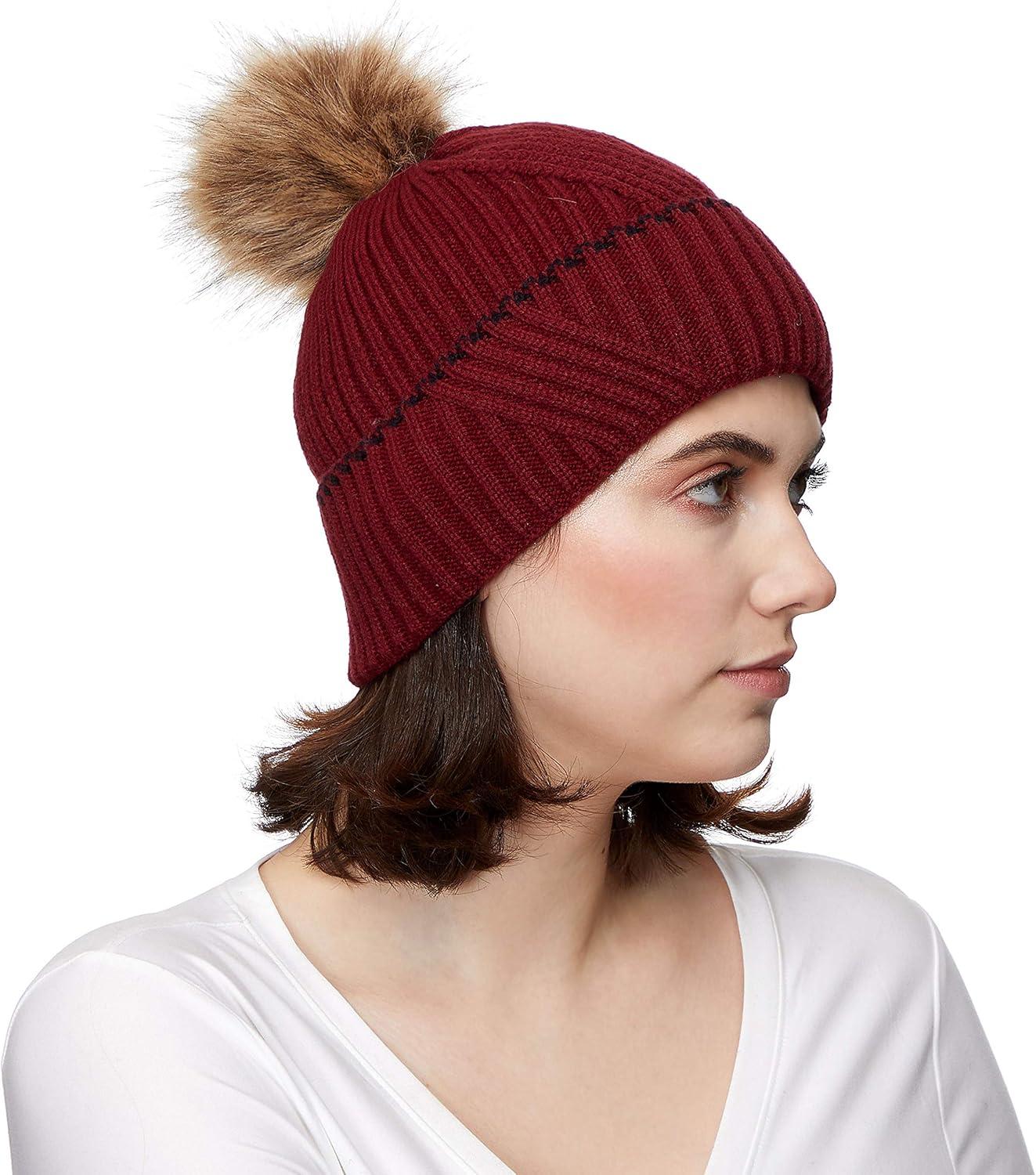 imageCC Exclusives Geometric Cable Beanie Hat with Faux Fur Pom HAT2298HAT7011HAT2213YJ920Accent Cuffburgundy