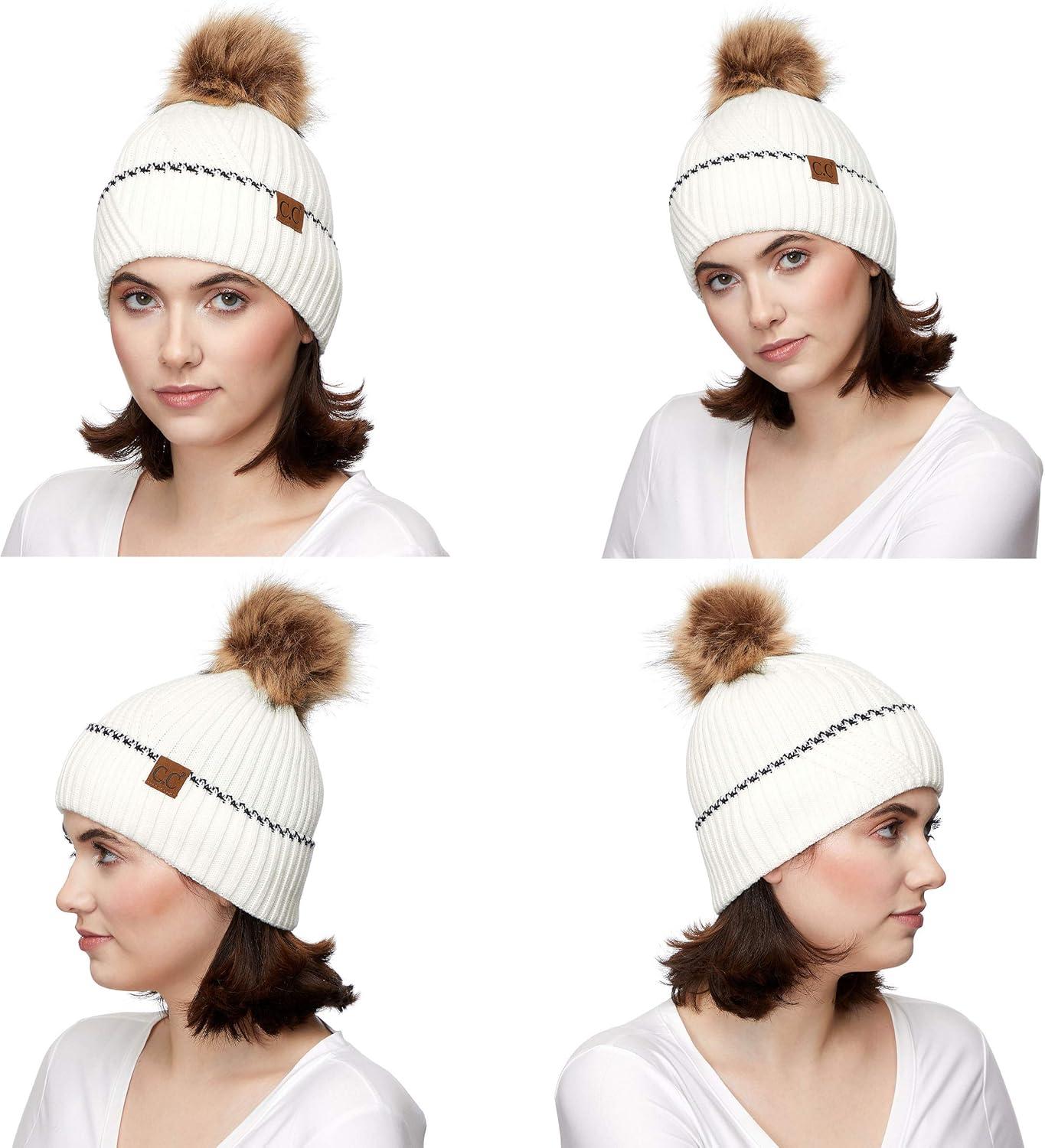 imageCC Exclusives Geometric Cable Beanie Hat with Faux Fur Pom HAT2298HAT7011HAT2213YJ920Accent Cuffivory
