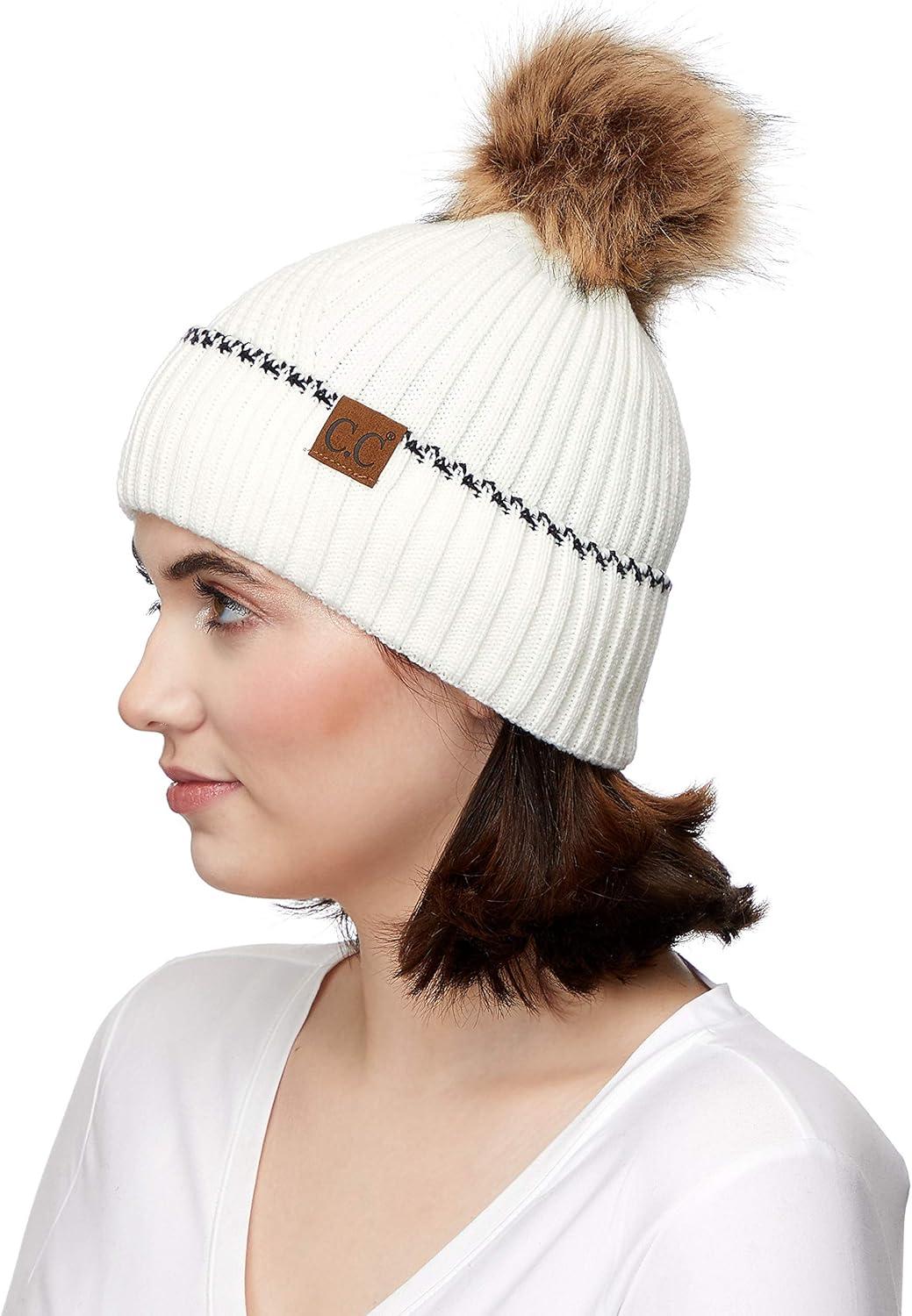 imageCC Exclusives Geometric Cable Beanie Hat with Faux Fur Pom HAT2298HAT7011HAT2213YJ920Accent Cuffivory