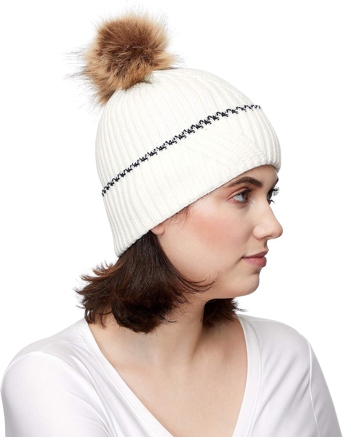 imageCC Exclusives Geometric Cable Beanie Hat with Faux Fur Pom HAT2298HAT7011HAT2213YJ920Accent Cuffivory