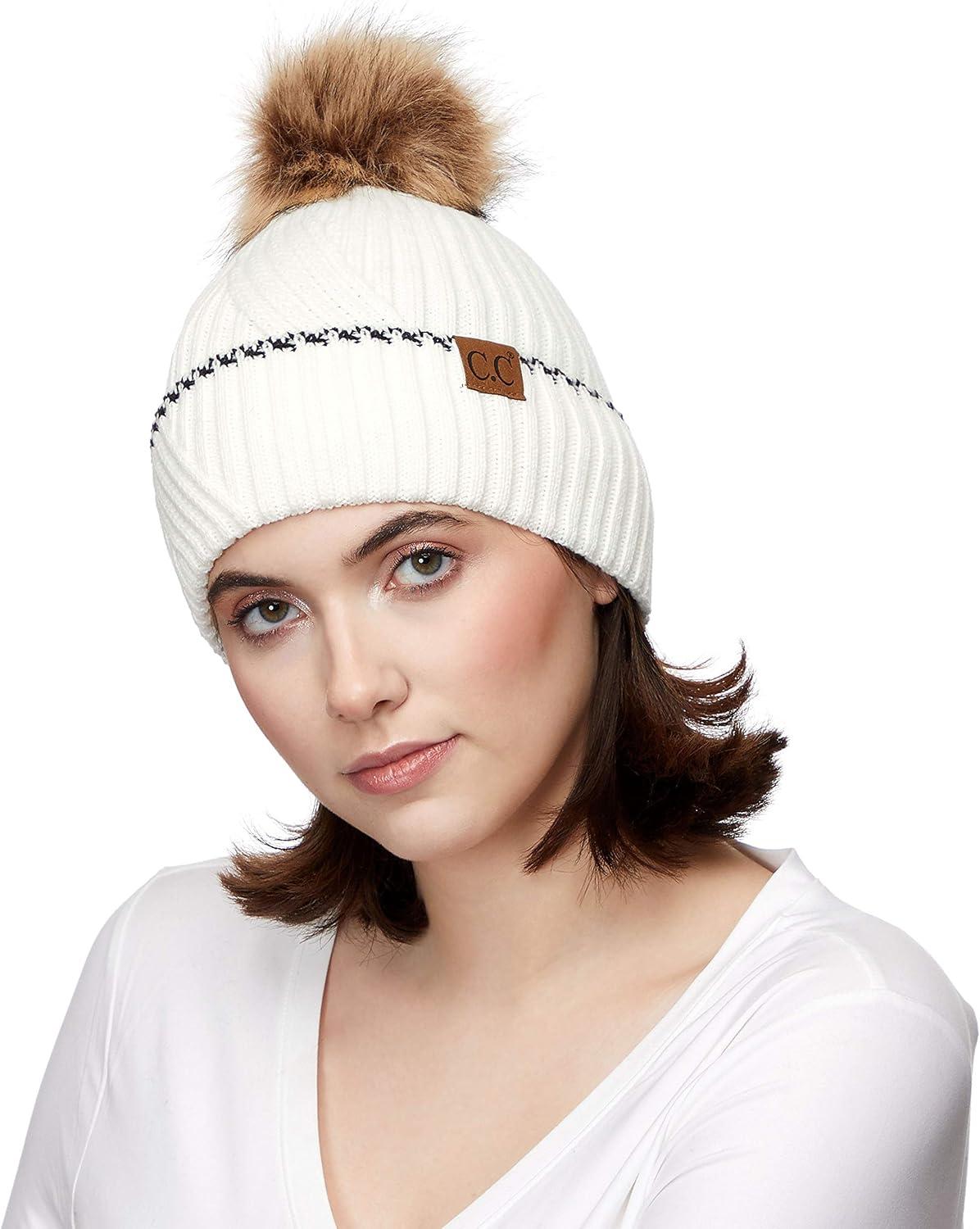 imageCC Exclusives Geometric Cable Beanie Hat with Faux Fur Pom HAT2298HAT7011HAT2213YJ920Accent Cuffivory