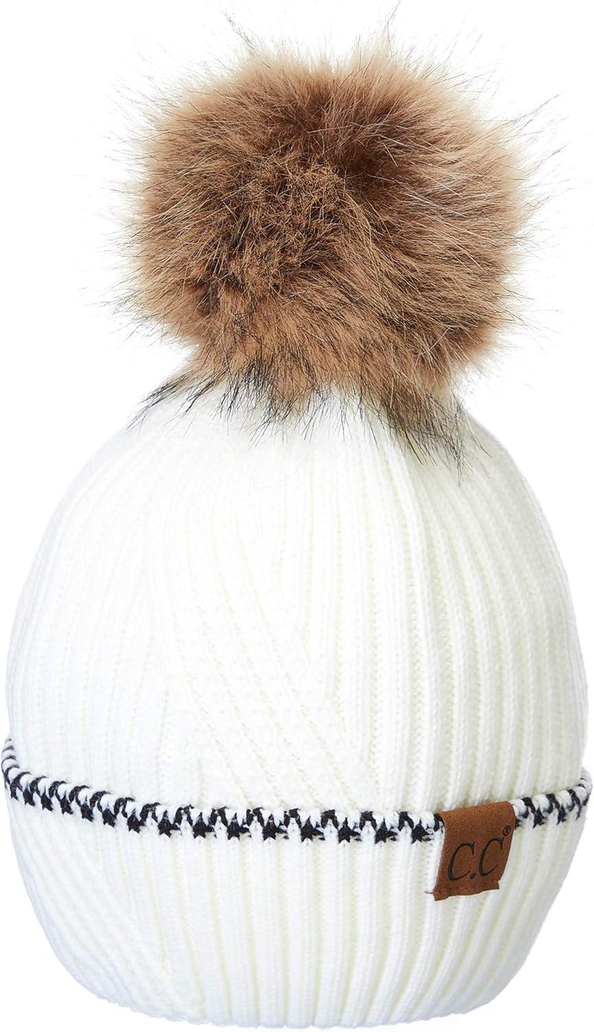 imageCC Exclusives Geometric Cable Beanie Hat with Faux Fur Pom HAT2298HAT7011HAT2213YJ920Accent Cuffivory