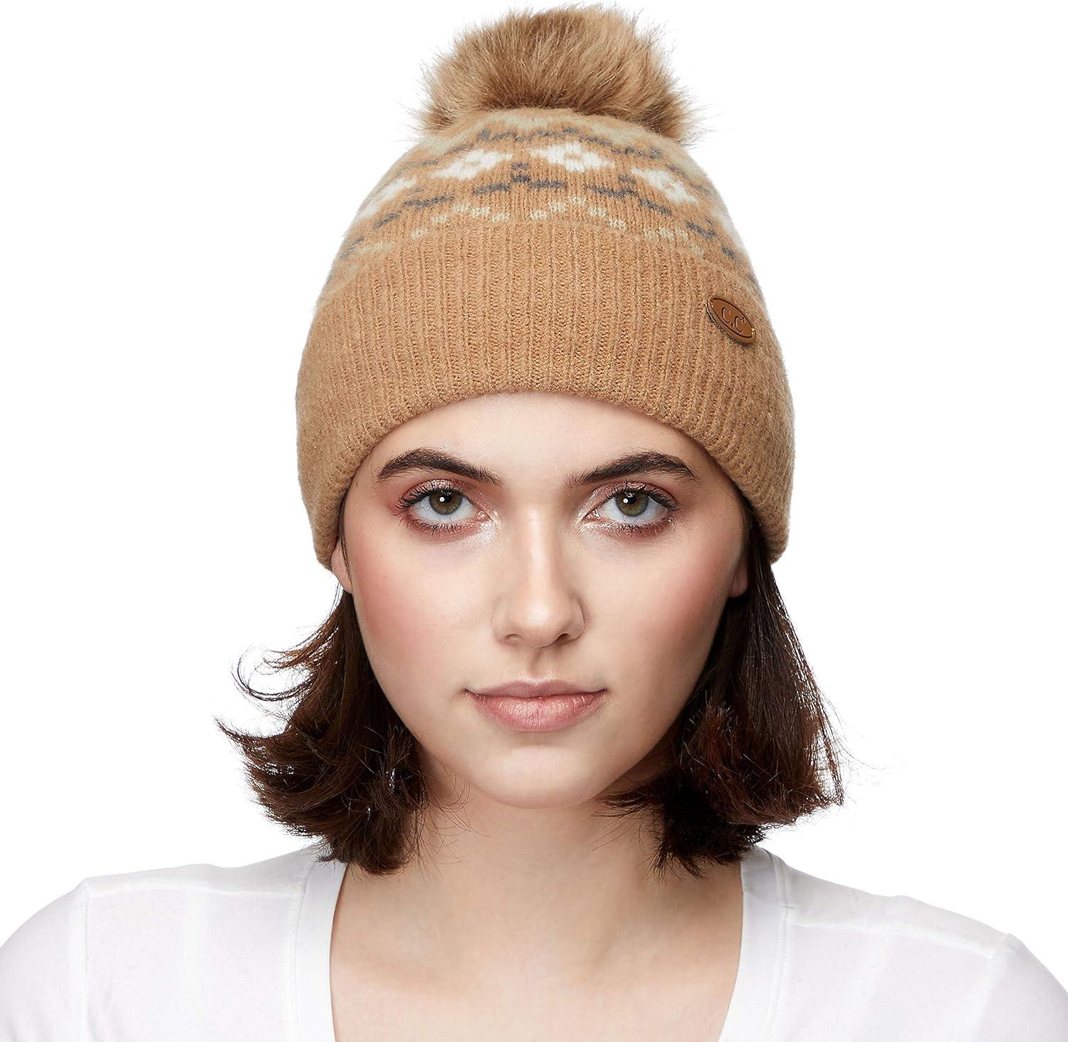 imageCC Exclusives Geometric Cable Beanie Hat with Faux Fur Pom HAT2298HAT7011HAT2213YJ920Camel