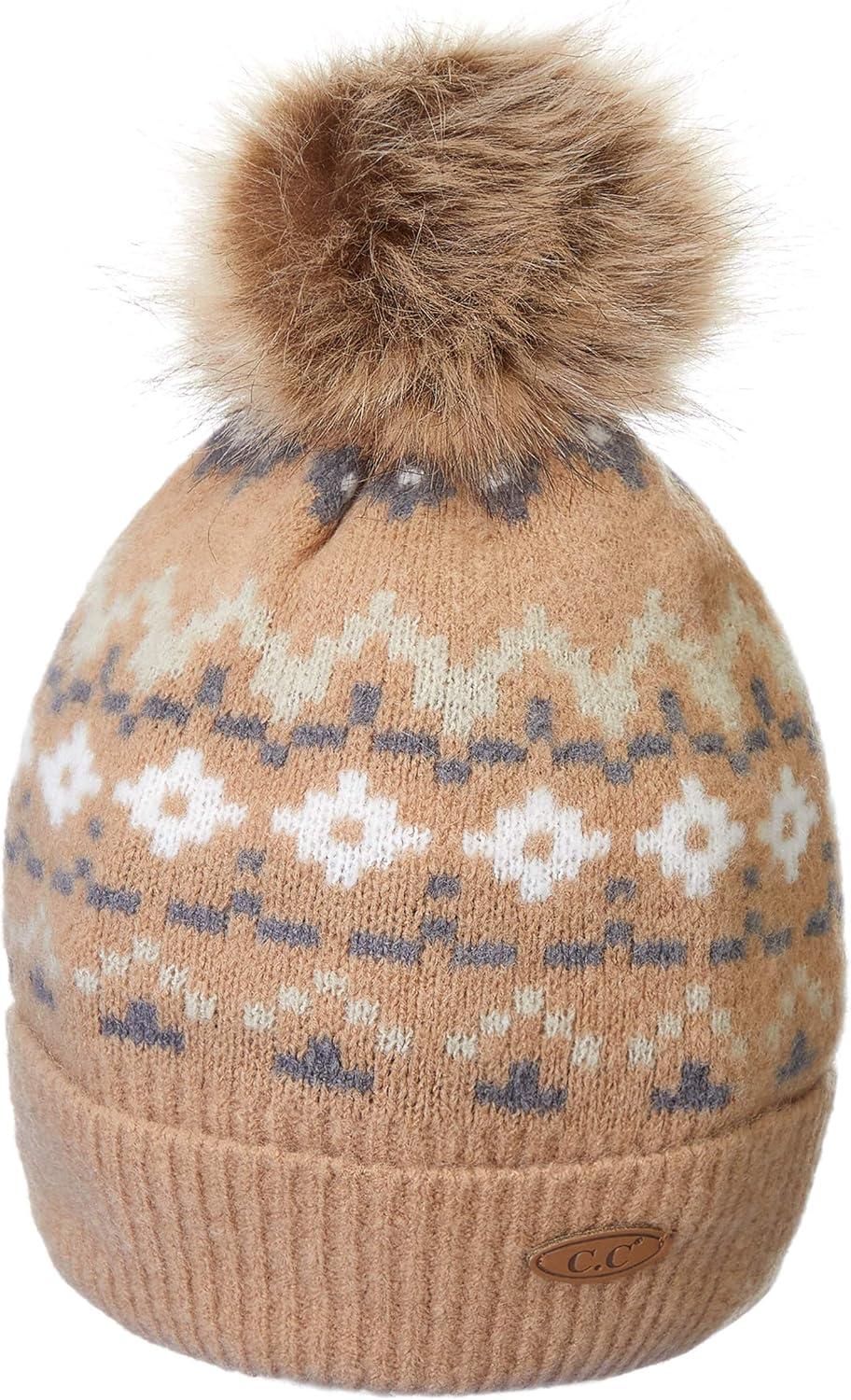 imageCC Exclusives Geometric Cable Beanie Hat with Faux Fur Pom HAT2298HAT7011HAT2213YJ920Camel