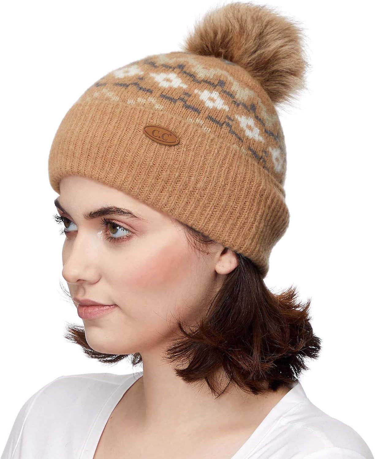 imageCC Exclusives Geometric Cable Beanie Hat with Faux Fur Pom HAT2298HAT7011HAT2213YJ920Camel