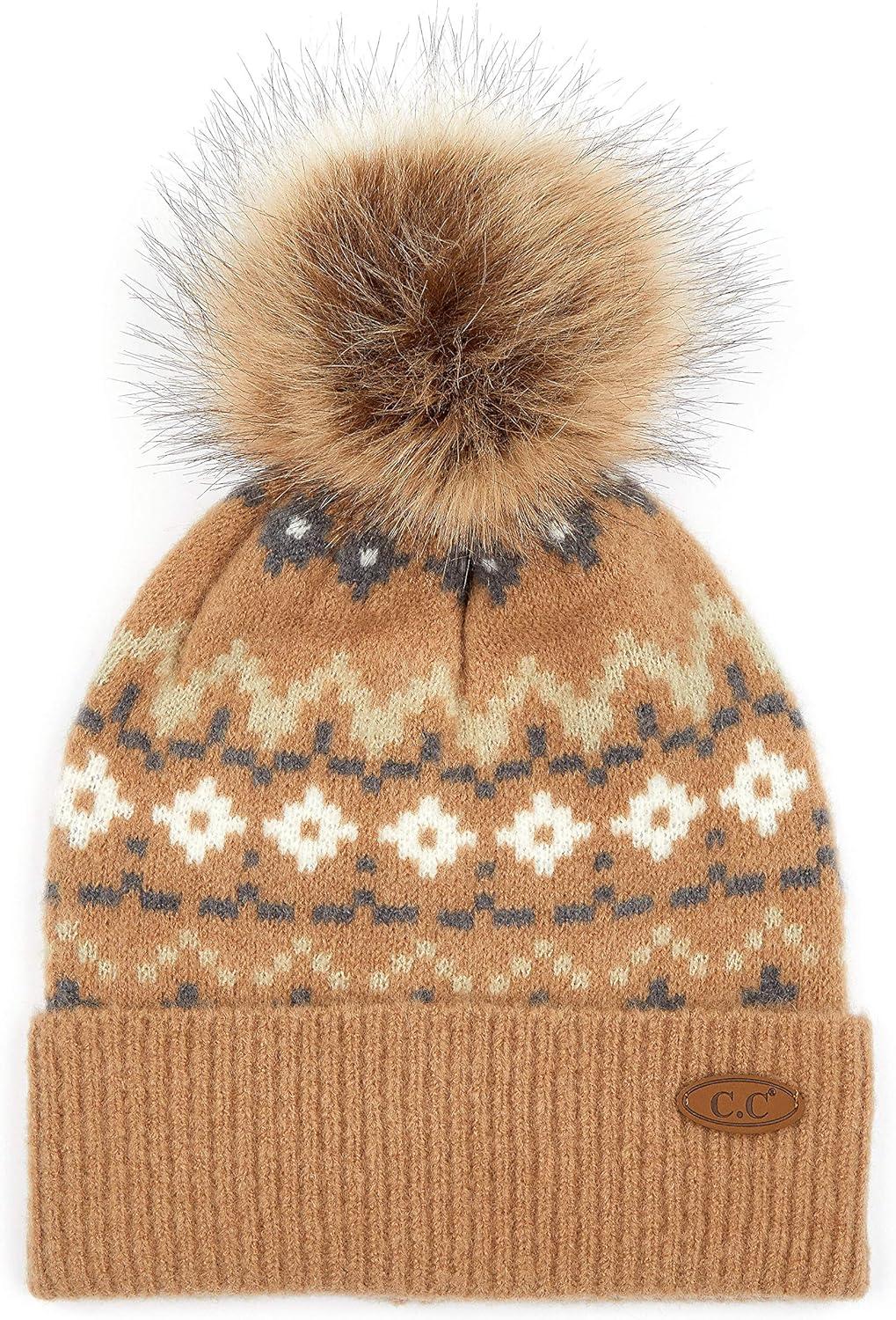 imageCC Exclusives Geometric Cable Beanie Hat with Faux Fur Pom HAT2298HAT7011HAT2213YJ920Camel