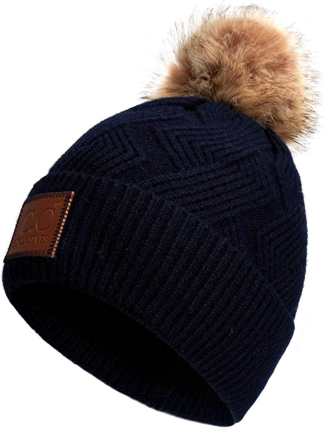 imageCC Exclusives Geometric Cable Beanie Hat with Faux Fur Pom HAT2298HAT7011HAT2213YJ920Navy