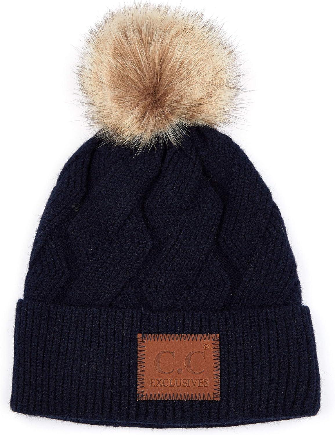 imageCC Exclusives Geometric Cable Beanie Hat with Faux Fur Pom HAT2298HAT7011HAT2213YJ920Navy