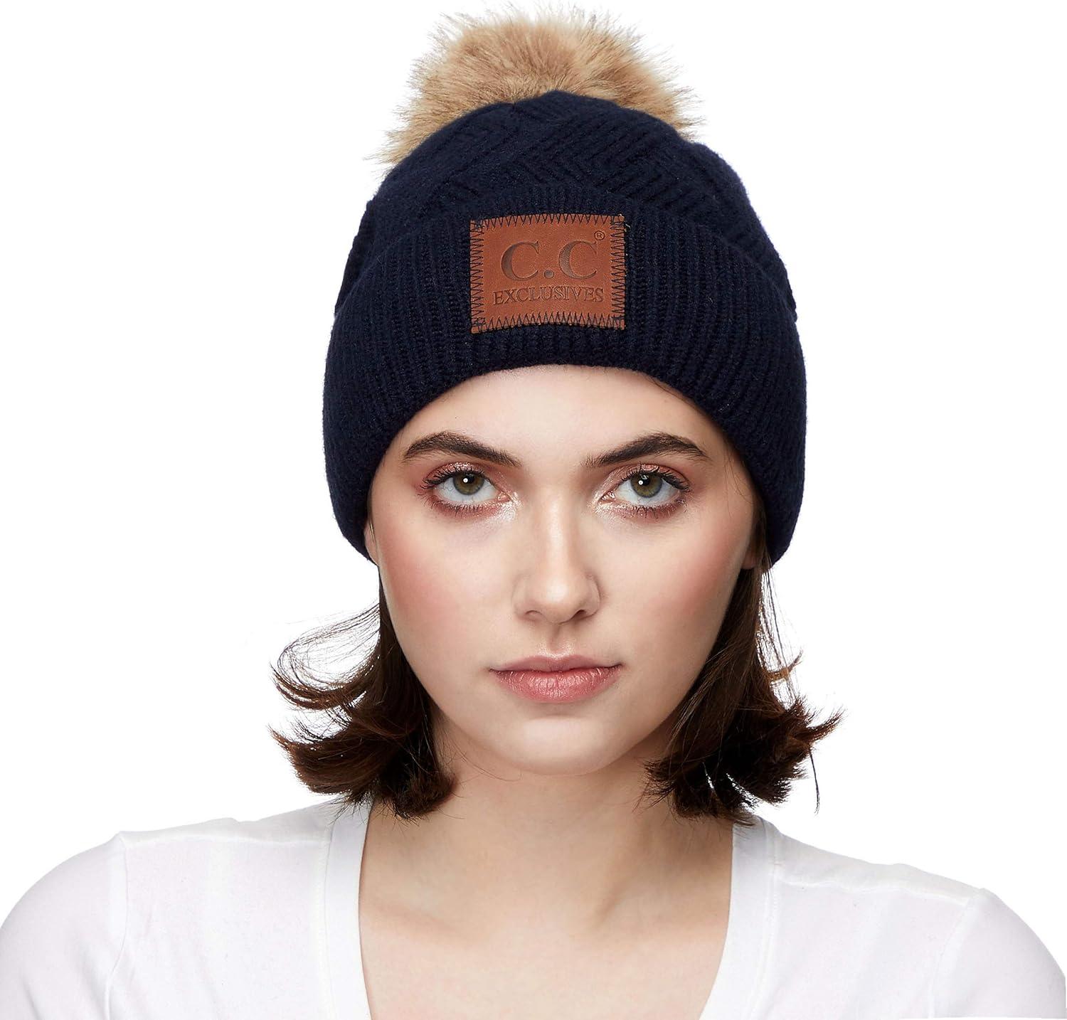 imageCC Exclusives Geometric Cable Beanie Hat with Faux Fur Pom HAT2298HAT7011HAT2213YJ920Navy