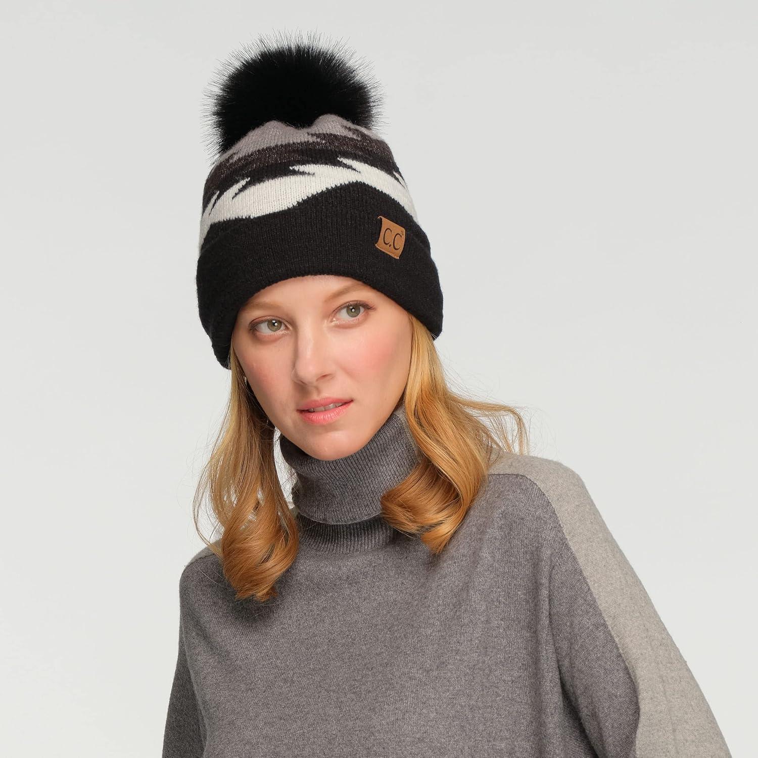 imageCC Exclusives Plush Yarn Pom Beanie hat with Daisy Pattern HAT2093HAT3001HAT4005HAT4009HAT4023Aztec Patternblack