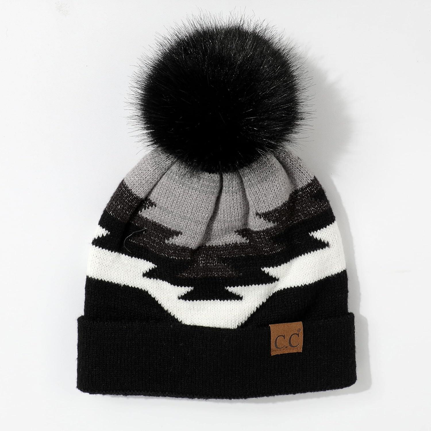 imageCC Exclusives Plush Yarn Pom Beanie hat with Daisy Pattern HAT2093HAT3001HAT4005HAT4009HAT4023Aztec Patternblack
