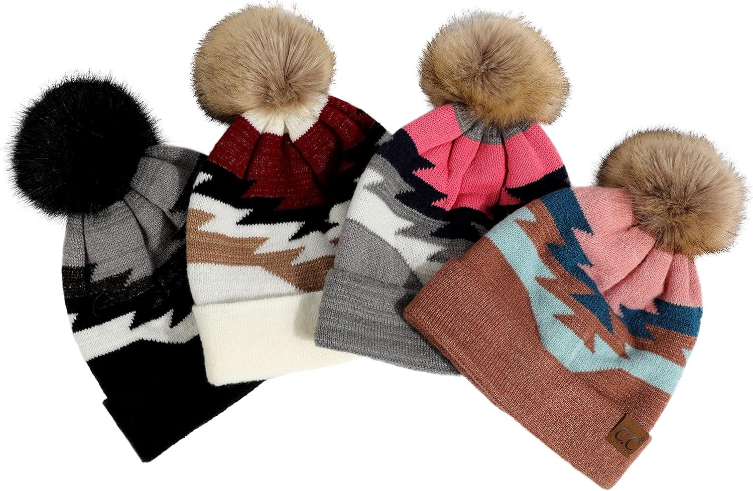 imageCC Exclusives Plush Yarn Pom Beanie hat with Daisy Pattern HAT2093HAT3001HAT4005HAT4009HAT4023Aztec Patternblack
