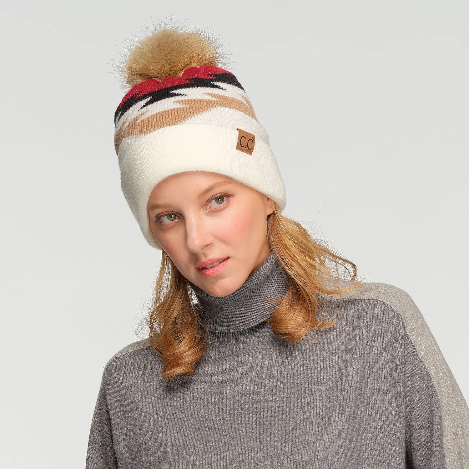 imageCC Exclusives Plush Yarn Pom Beanie hat with Daisy Pattern HAT2093HAT3001HAT4005HAT4009HAT4023Aztec Patternivory
