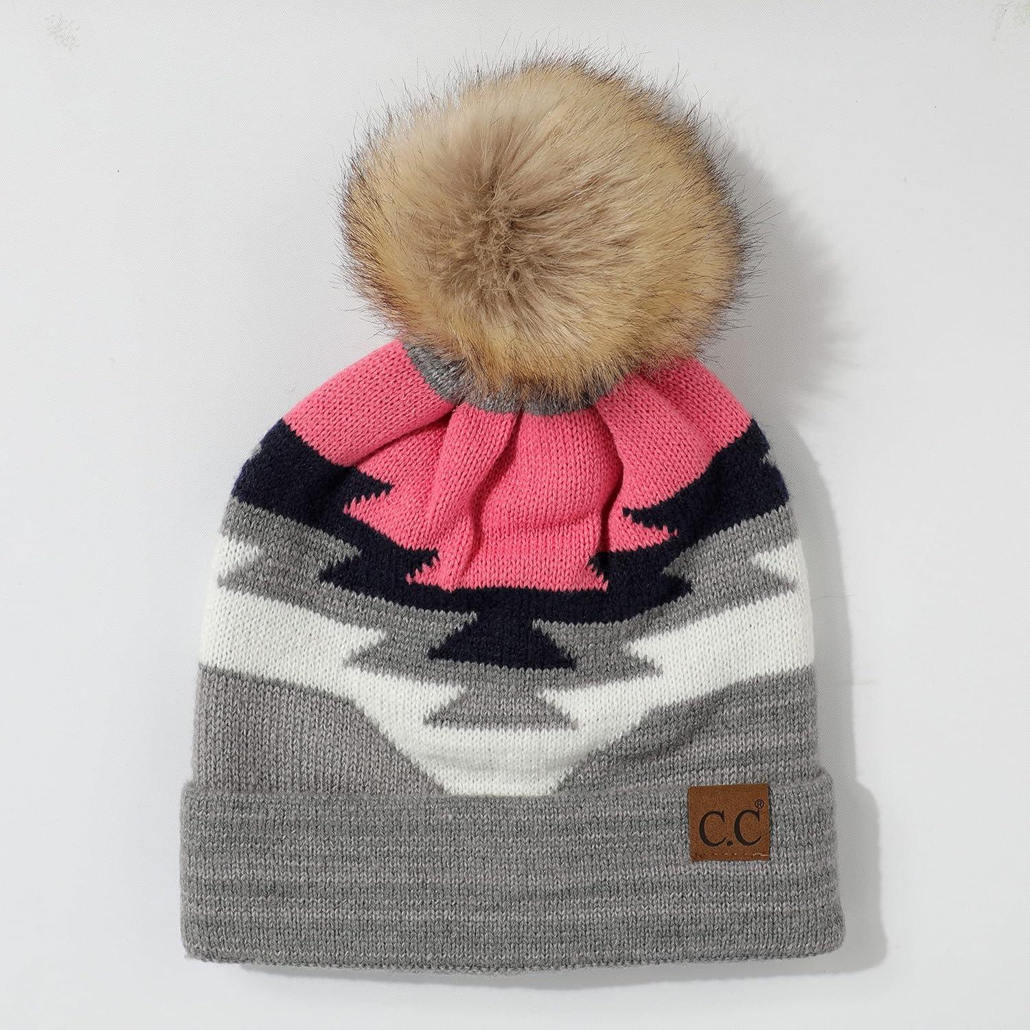 imageCC Exclusives Plush Yarn Pom Beanie hat with Daisy Pattern HAT2093HAT3001HAT4005HAT4009HAT4023Aztec Patternlt Mel Grey