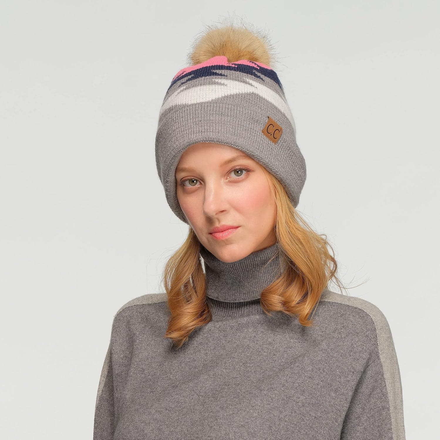imageCC Exclusives Plush Yarn Pom Beanie hat with Daisy Pattern HAT2093HAT3001HAT4005HAT4009HAT4023Aztec Patternlt Mel Grey