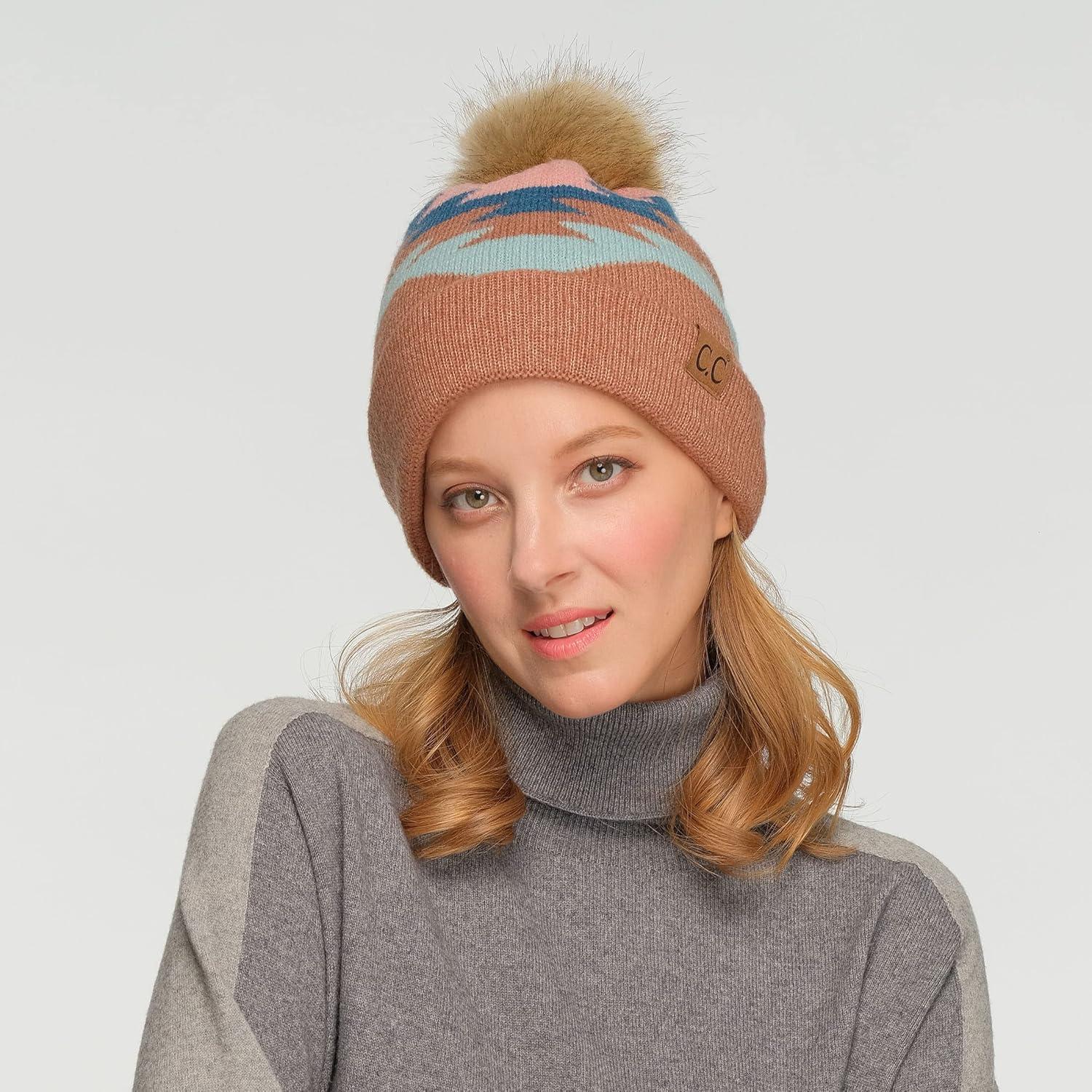 imageCC Exclusives Plush Yarn Pom Beanie hat with Daisy Pattern HAT2093HAT3001HAT4005HAT4009HAT4023Aztec Patterntaupe