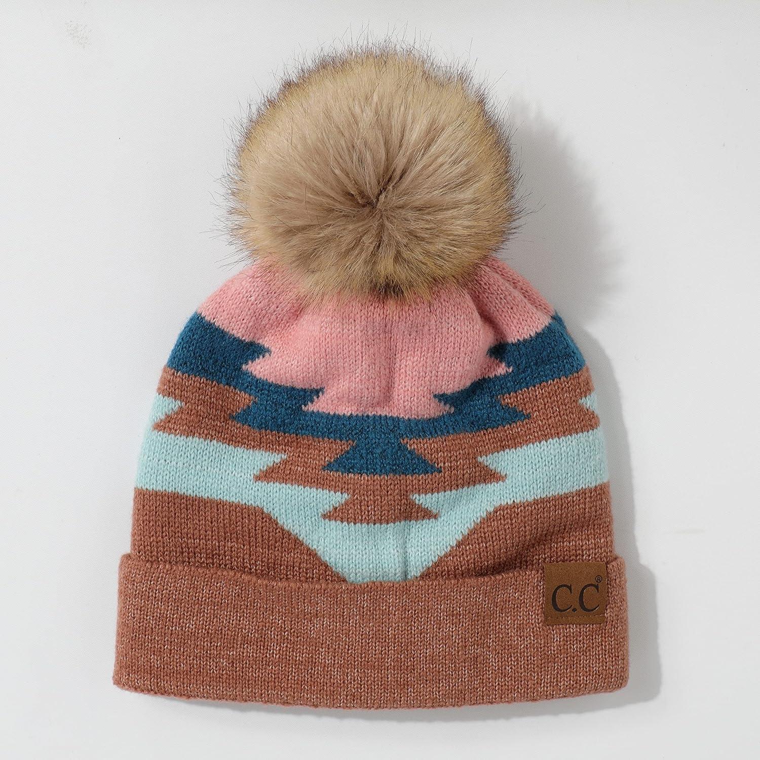 imageCC Exclusives Plush Yarn Pom Beanie hat with Daisy Pattern HAT2093HAT3001HAT4005HAT4009HAT4023Aztec Patterntaupe