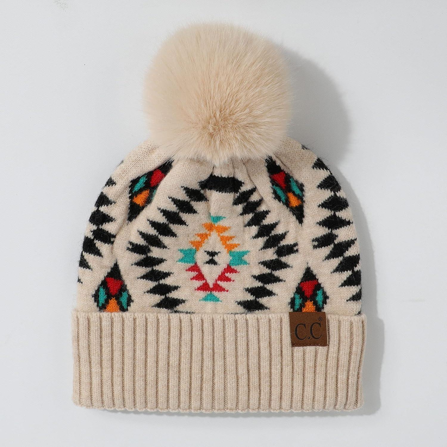 imageCC Exclusives Plush Yarn Pom Beanie hat with Daisy Pattern HAT2093HAT3001HAT4005HAT4009HAT4023Aztecbeige