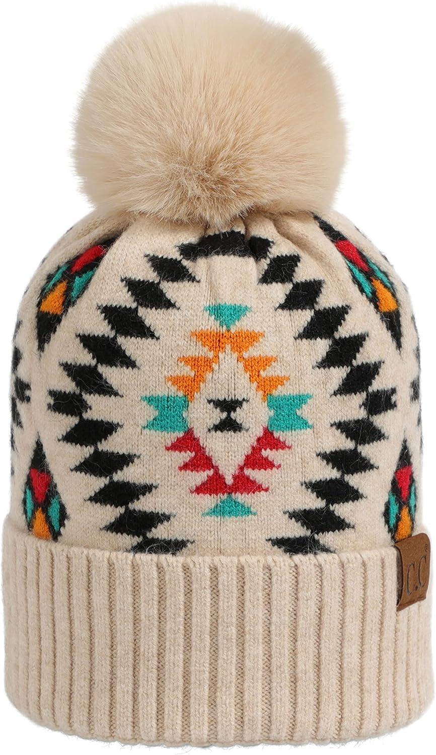 imageCC Exclusives Plush Yarn Pom Beanie hat with Daisy Pattern HAT2093HAT3001HAT4005HAT4009HAT4023Aztecbeige