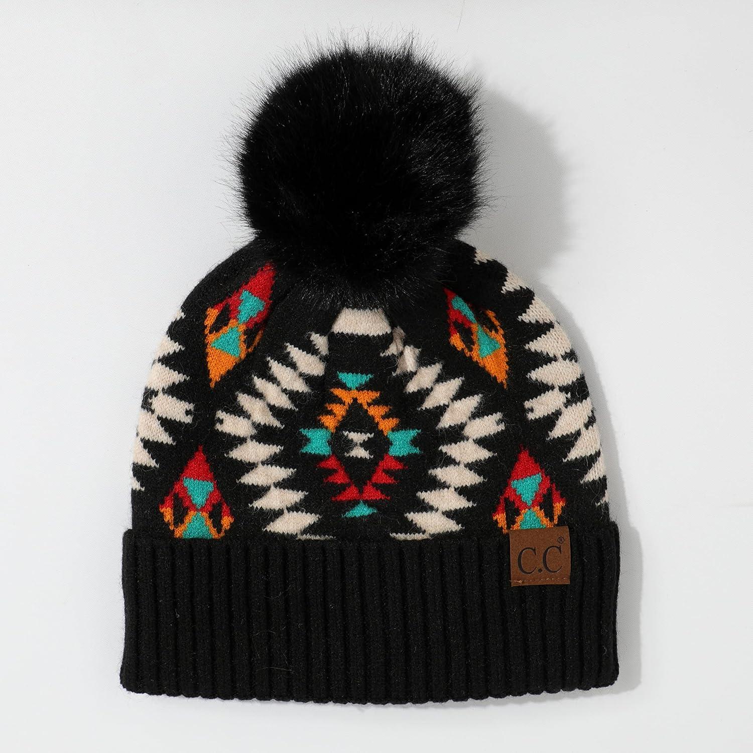 imageCC Exclusives Plush Yarn Pom Beanie hat with Daisy Pattern HAT2093HAT3001HAT4005HAT4009HAT4023Aztecblack
