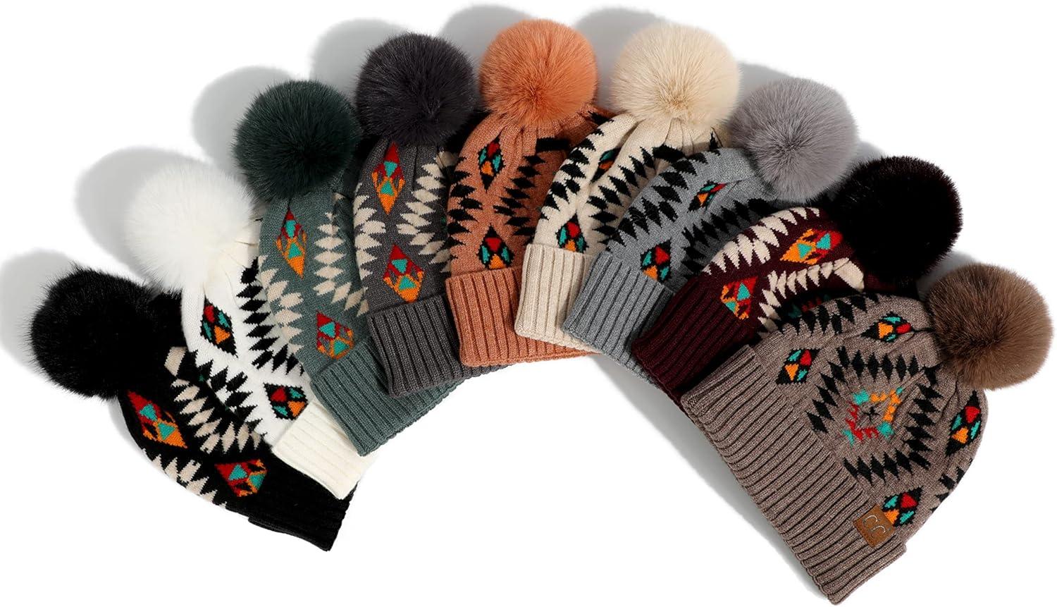 imageCC Exclusives Plush Yarn Pom Beanie hat with Daisy Pattern HAT2093HAT3001HAT4005HAT4009HAT4023Aztecblack