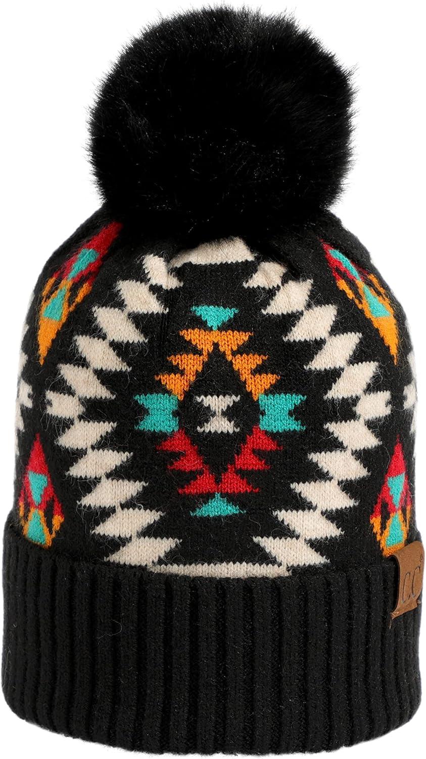 imageCC Exclusives Plush Yarn Pom Beanie hat with Daisy Pattern HAT2093HAT3001HAT4005HAT4009HAT4023Aztecblack