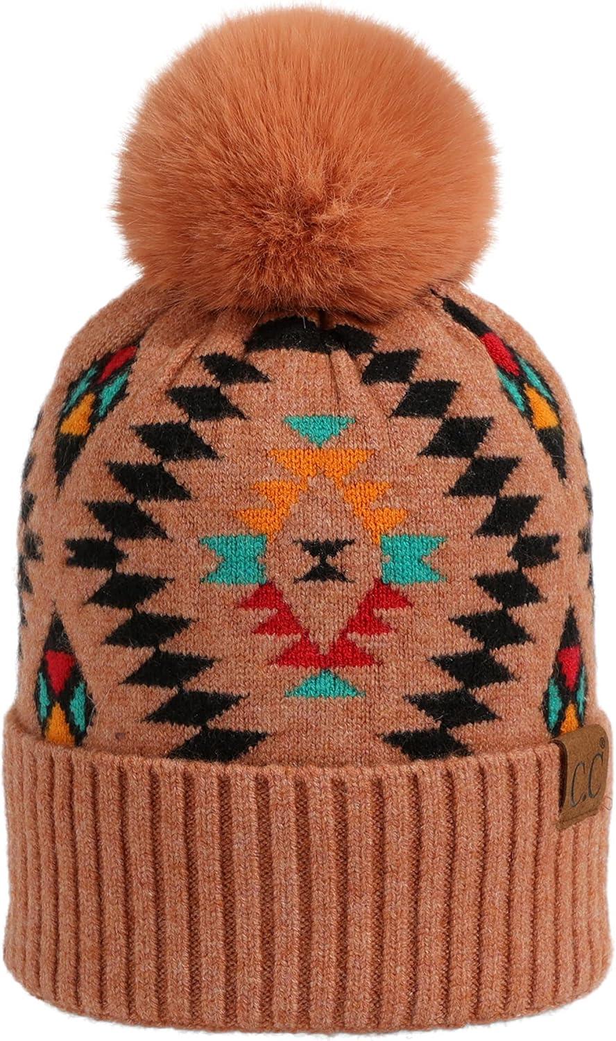 imageCC Exclusives Plush Yarn Pom Beanie hat with Daisy Pattern HAT2093HAT3001HAT4005HAT4009HAT4023Aztecdesert Sand