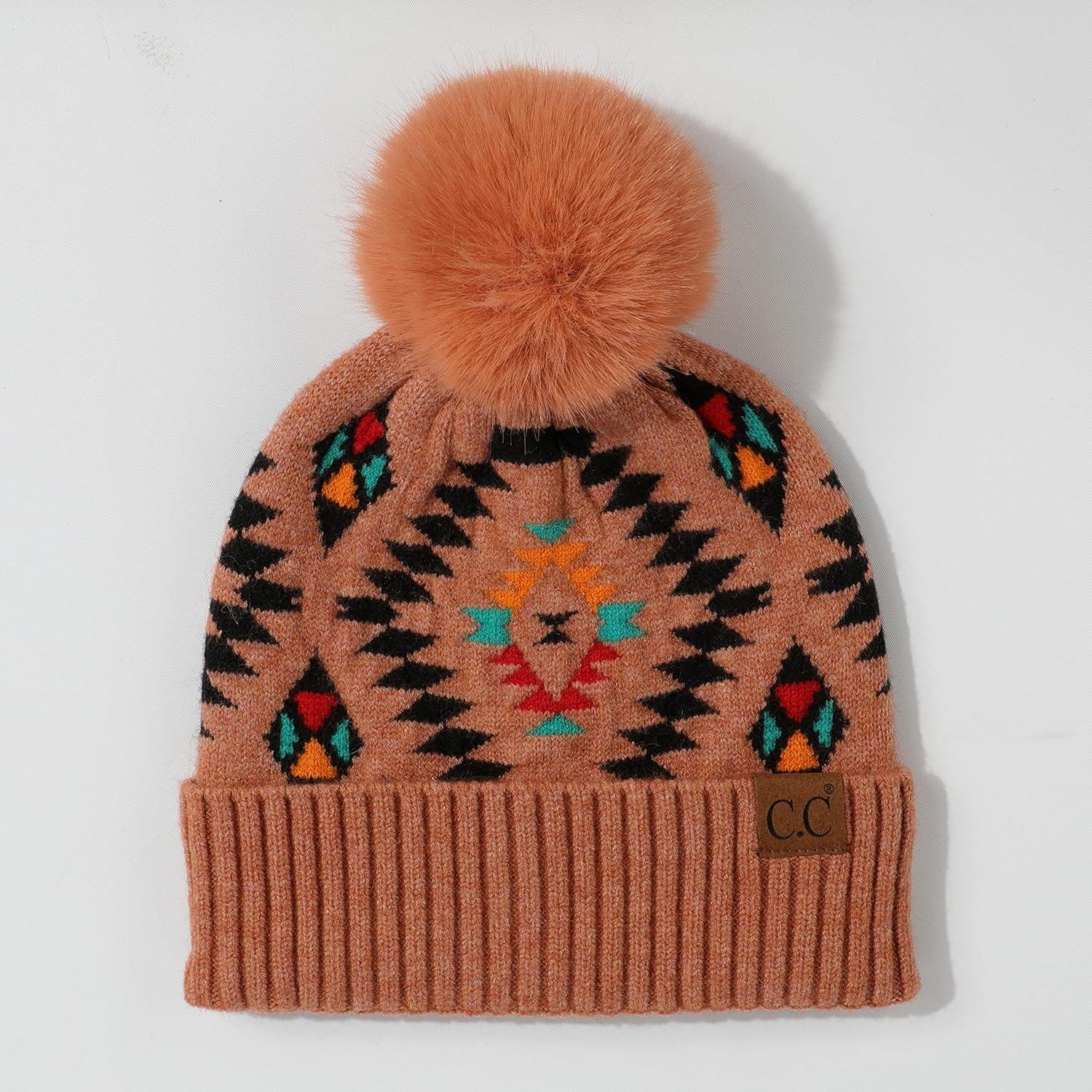 imageCC Exclusives Plush Yarn Pom Beanie hat with Daisy Pattern HAT2093HAT3001HAT4005HAT4009HAT4023Aztecdesert Sand