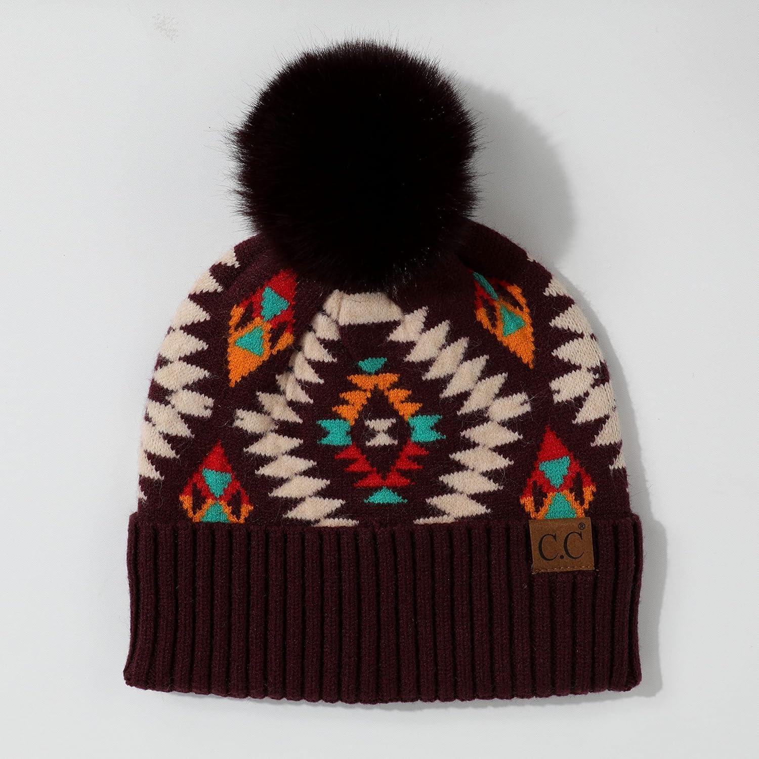 imageCC Exclusives Plush Yarn Pom Beanie hat with Daisy Pattern HAT2093HAT3001HAT4005HAT4009HAT4023Aztecdkberry