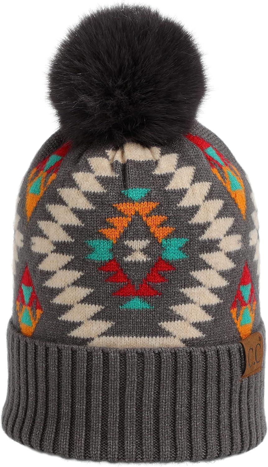 imageCC Exclusives Plush Yarn Pom Beanie hat with Daisy Pattern HAT2093HAT3001HAT4005HAT4009HAT4023Aztecdkgrey