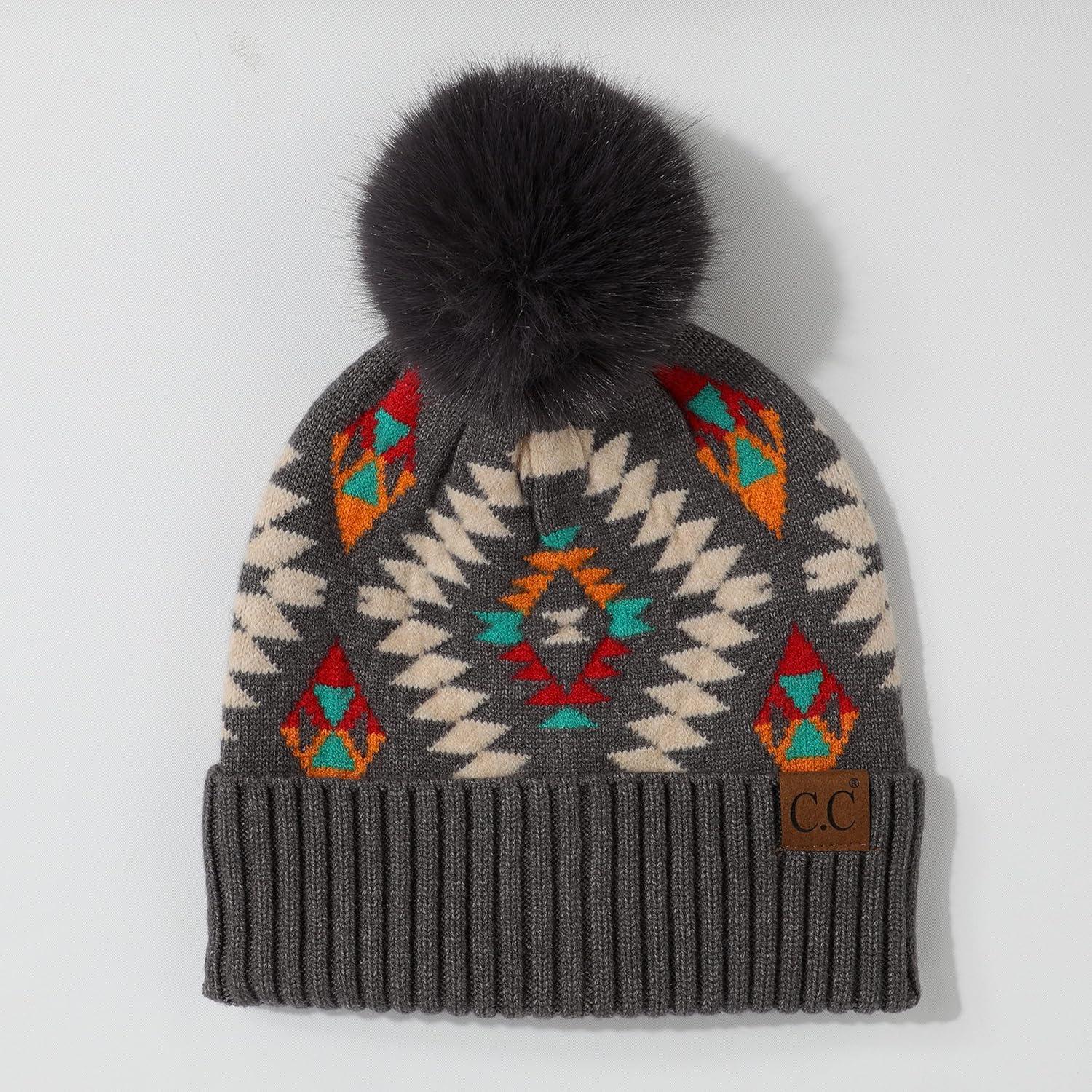 imageCC Exclusives Plush Yarn Pom Beanie hat with Daisy Pattern HAT2093HAT3001HAT4005HAT4009HAT4023Aztecdkgrey