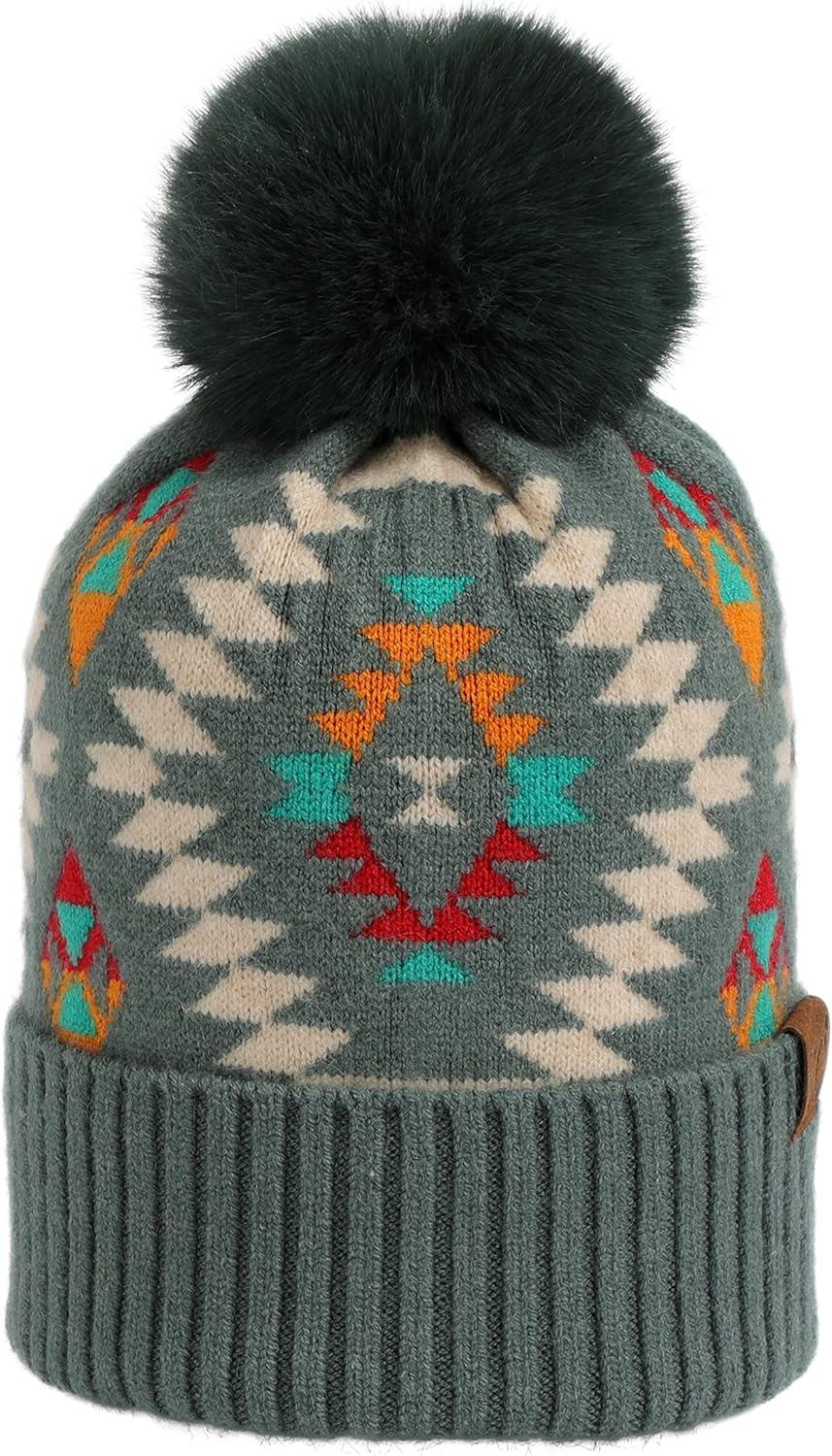 imageCC Exclusives Plush Yarn Pom Beanie hat with Daisy Pattern HAT2093HAT3001HAT4005HAT4009HAT4023Aztecforest Green