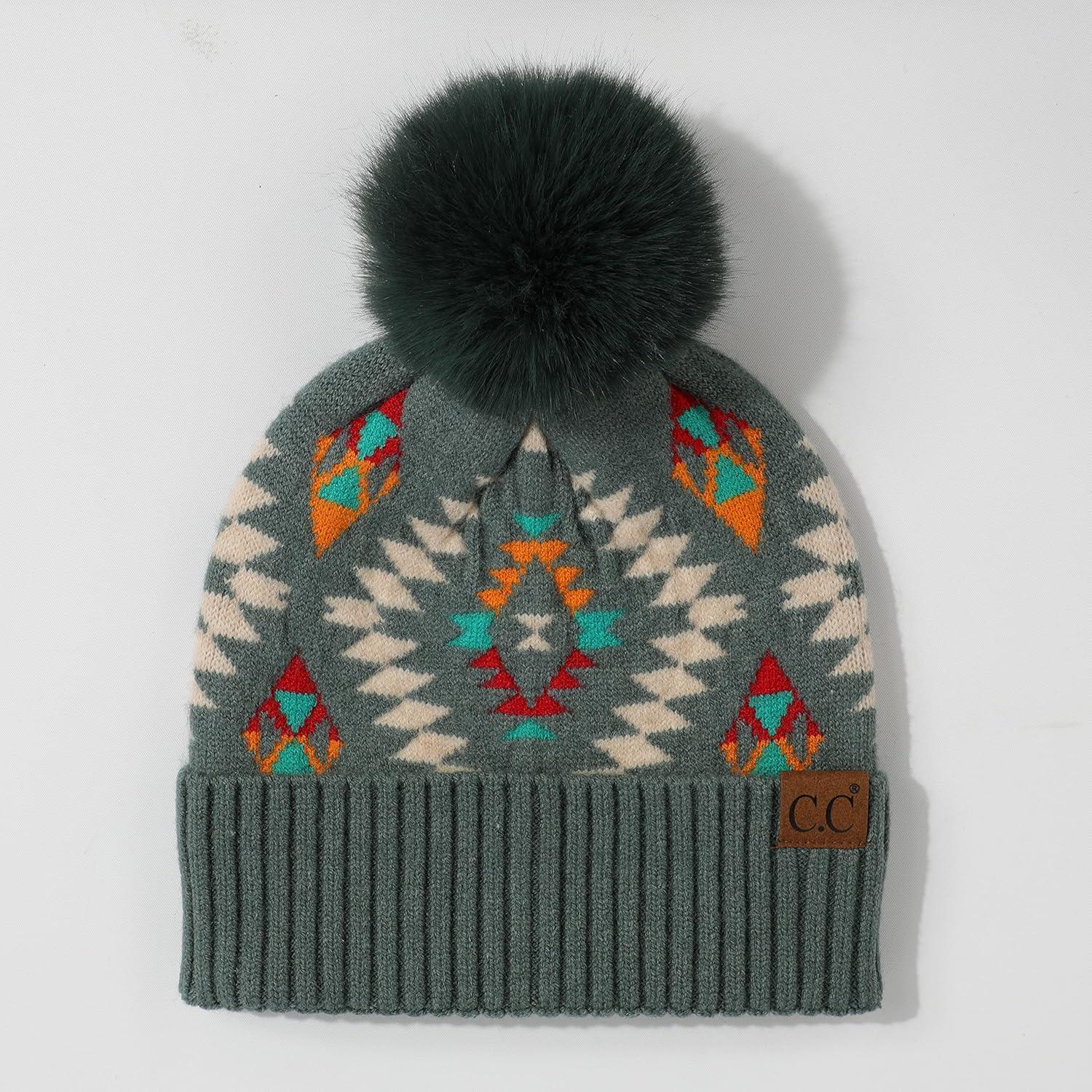 imageCC Exclusives Plush Yarn Pom Beanie hat with Daisy Pattern HAT2093HAT3001HAT4005HAT4009HAT4023Aztecforest Green