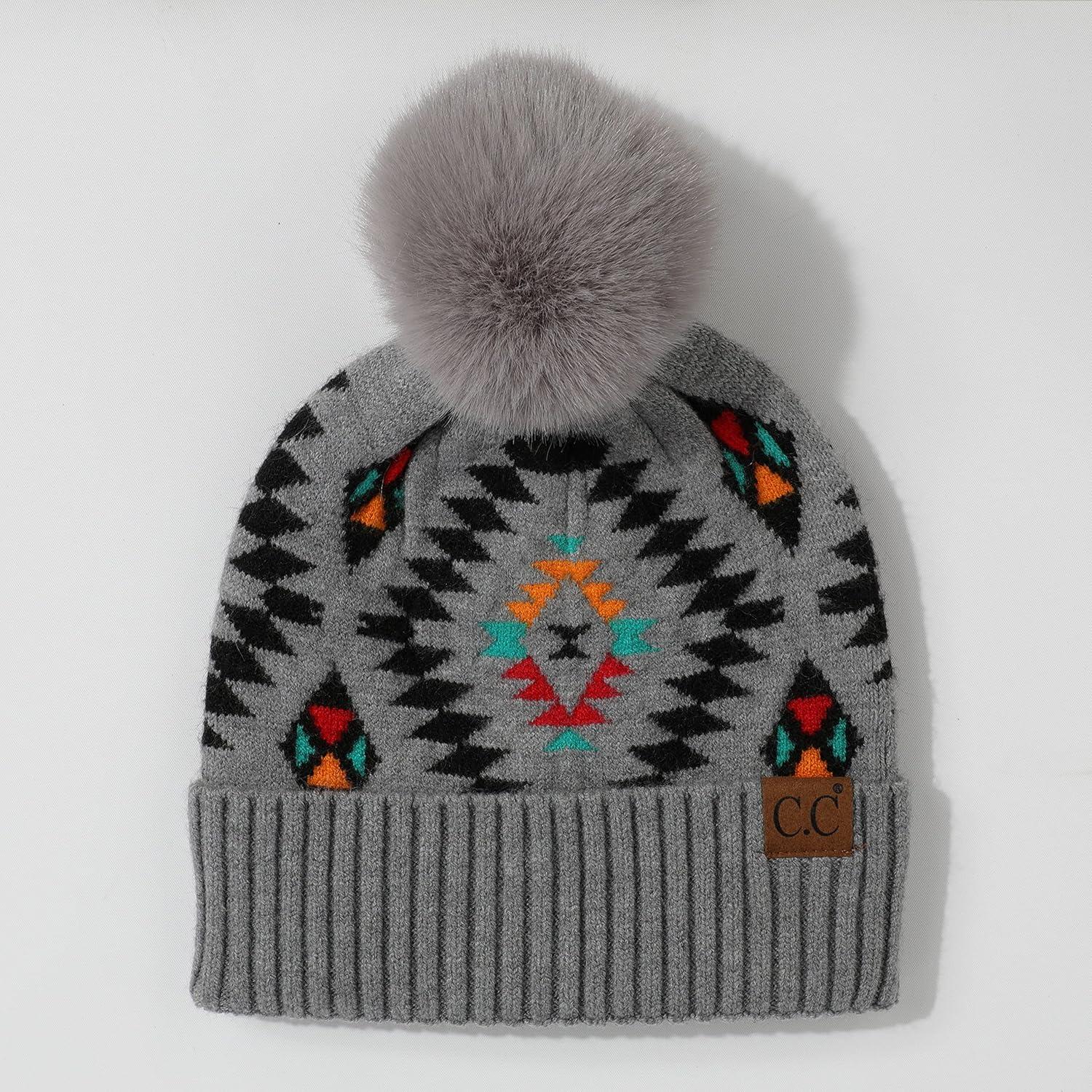 imageCC Exclusives Plush Yarn Pom Beanie hat with Daisy Pattern HAT2093HAT3001HAT4005HAT4009HAT4023Aztecltgrey