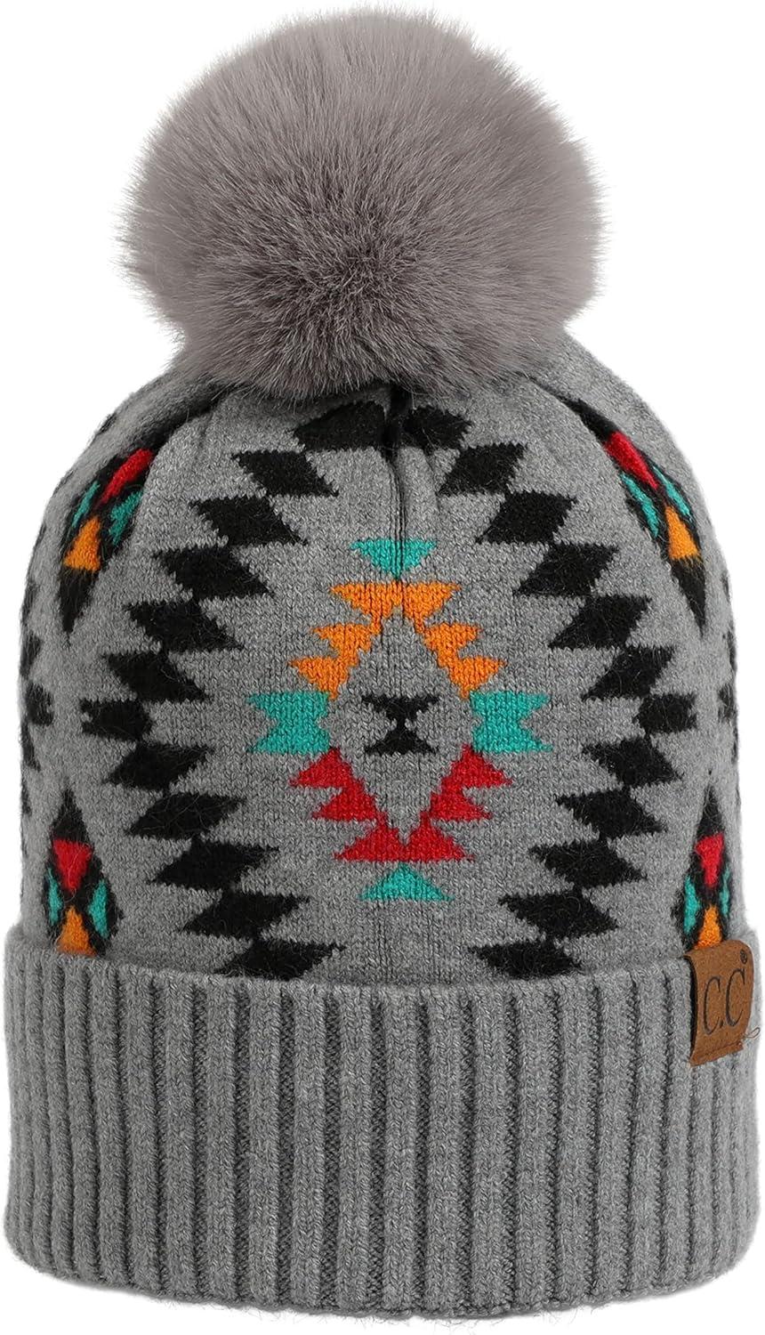 imageCC Exclusives Plush Yarn Pom Beanie hat with Daisy Pattern HAT2093HAT3001HAT4005HAT4009HAT4023Aztecltgrey