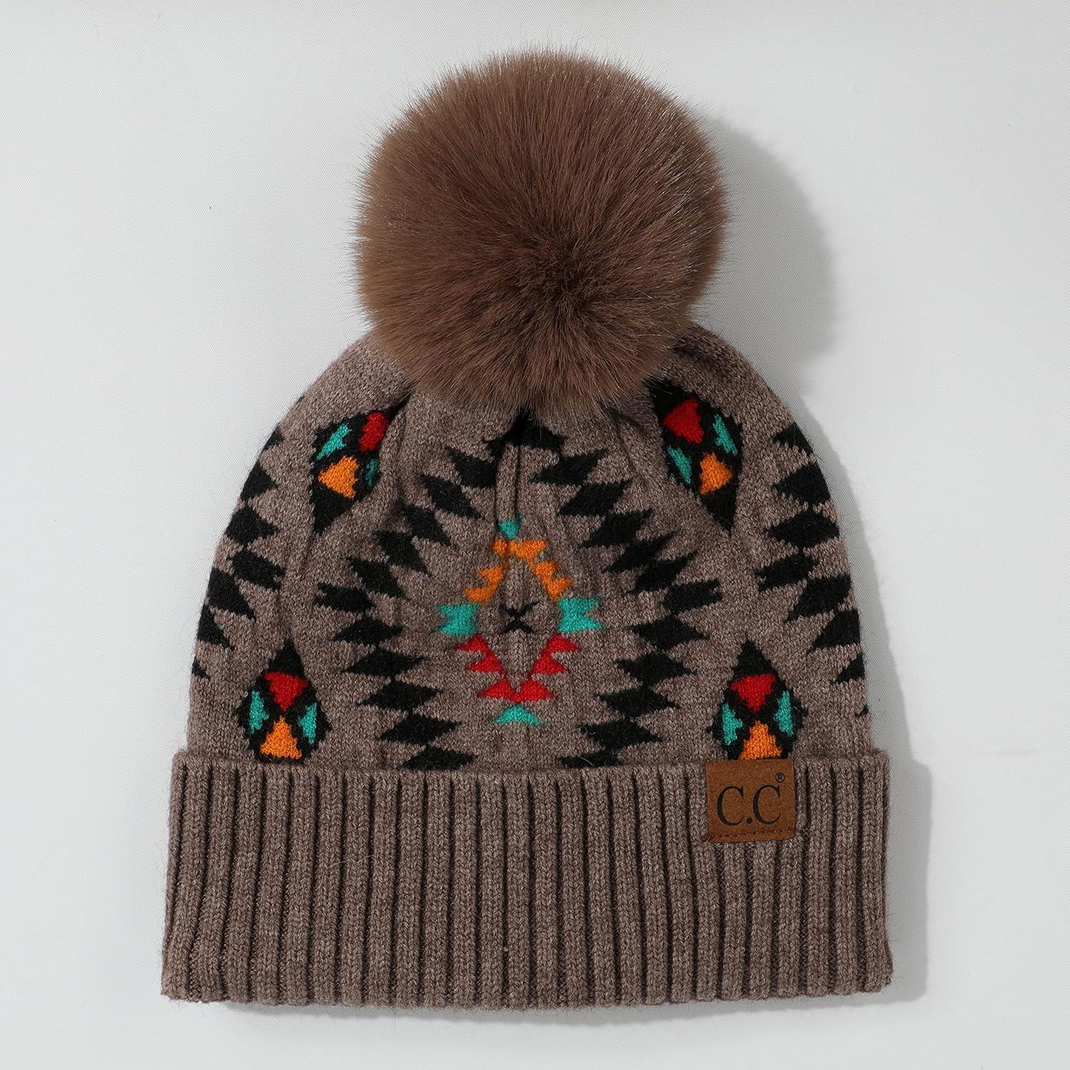 imageCC Exclusives Plush Yarn Pom Beanie hat with Daisy Pattern HAT2093HAT3001HAT4005HAT4009HAT4023Aztectaupe
