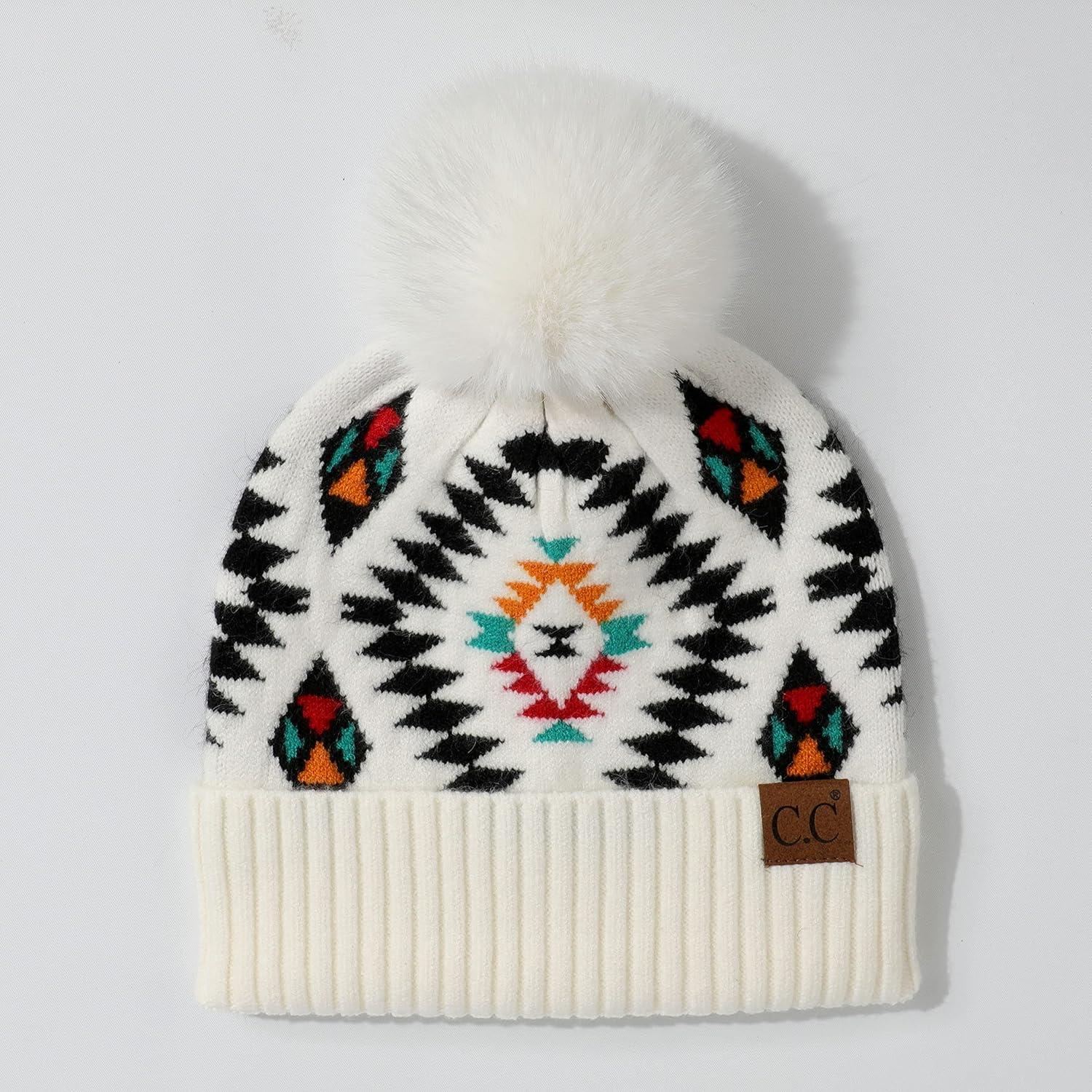 imageCC Exclusives Plush Yarn Pom Beanie hat with Daisy Pattern HAT2093HAT3001HAT4005HAT4009HAT4023Aztecwhite
