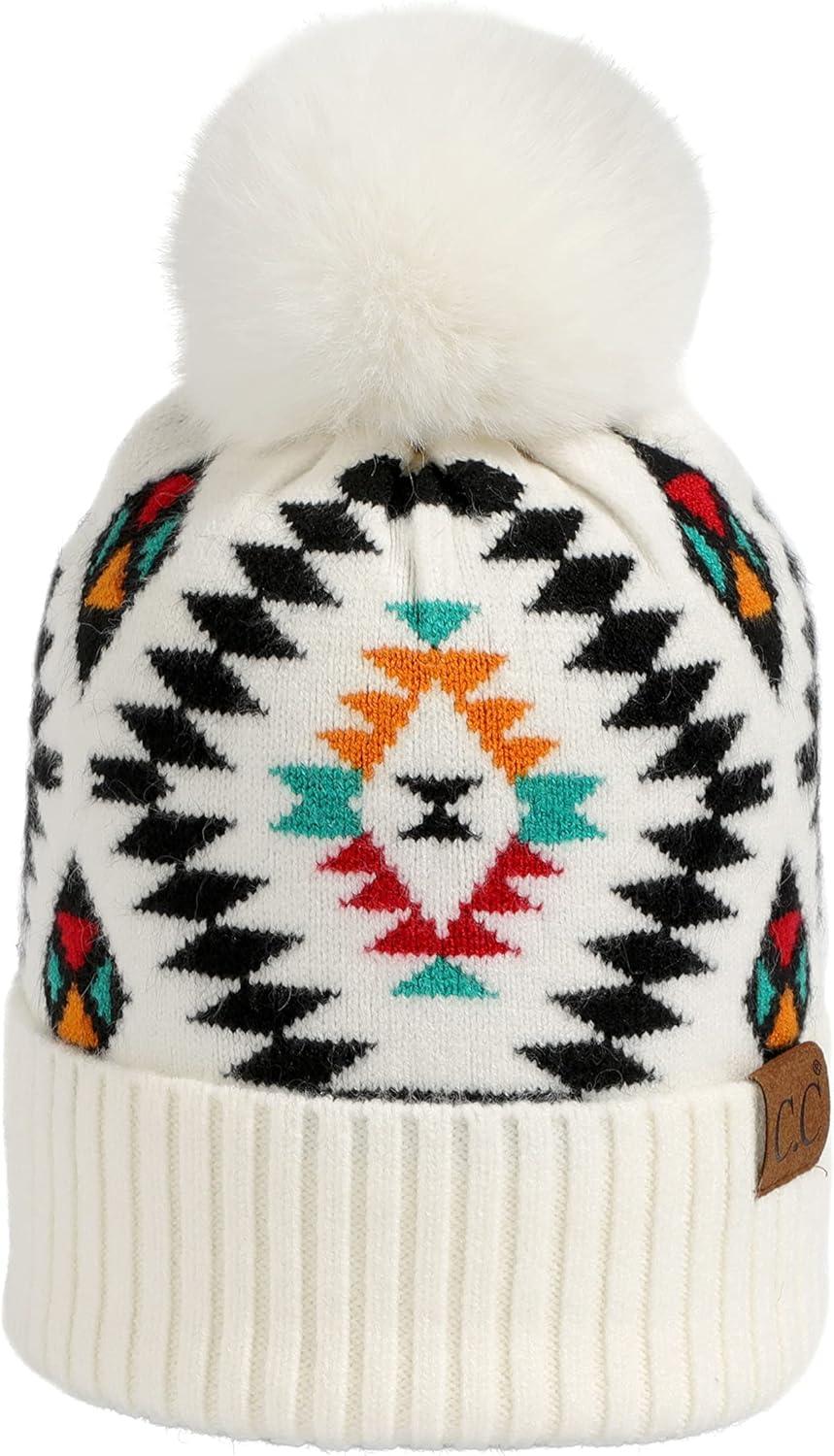 imageCC Exclusives Plush Yarn Pom Beanie hat with Daisy Pattern HAT2093HAT3001HAT4005HAT4009HAT4023Aztecwhite