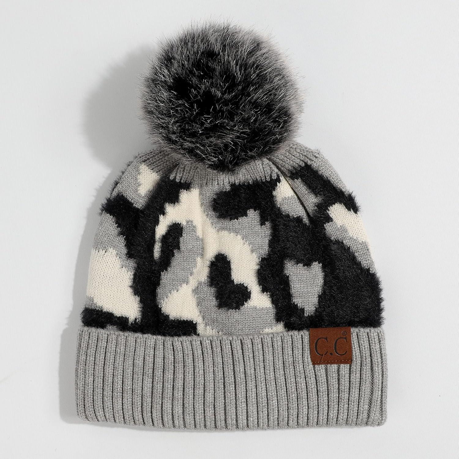 imageCC Exclusives Plush Yarn Pom Beanie hat with Daisy Pattern HAT2093HAT3001HAT4005HAT4009HAT4023Camogrey