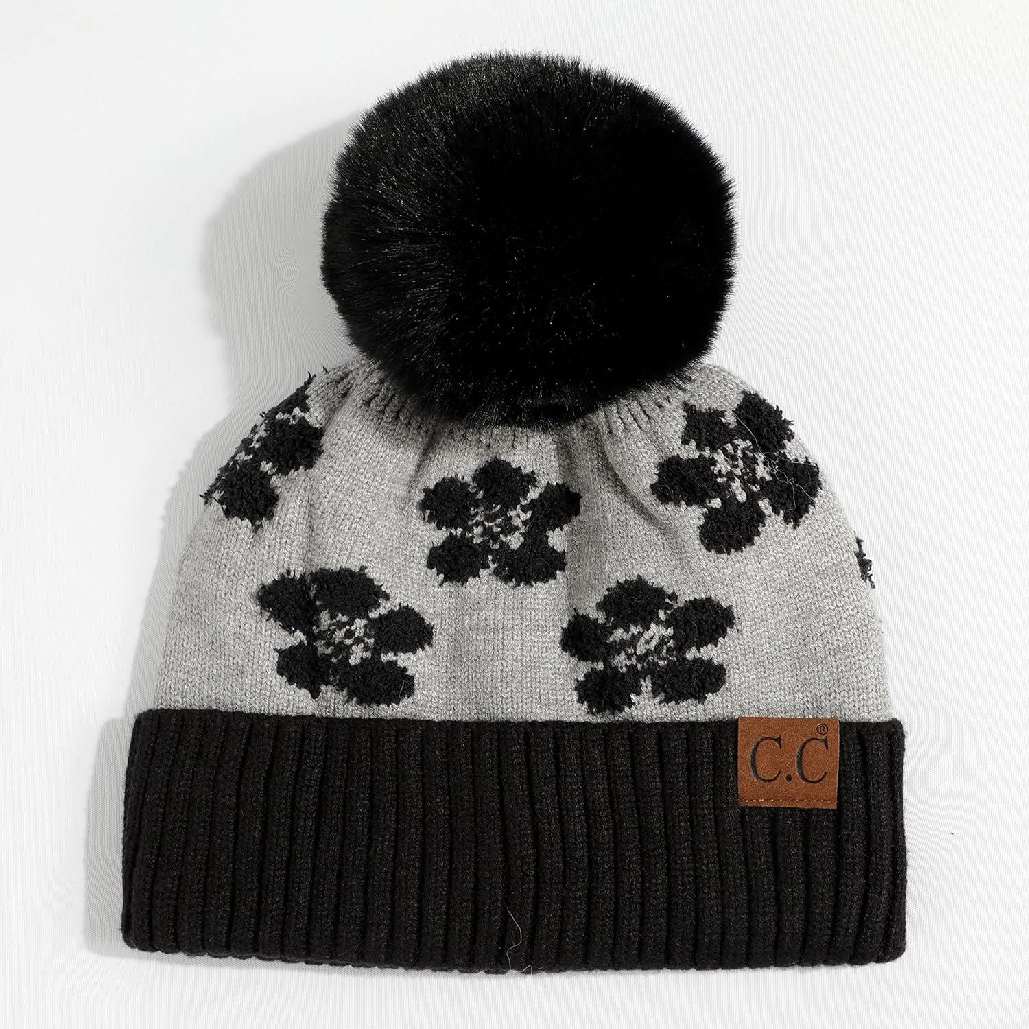 imageCC Exclusives Plush Yarn Pom Beanie hat with Daisy Pattern HAT2093HAT3001HAT4005HAT4009HAT4023Daisyblack