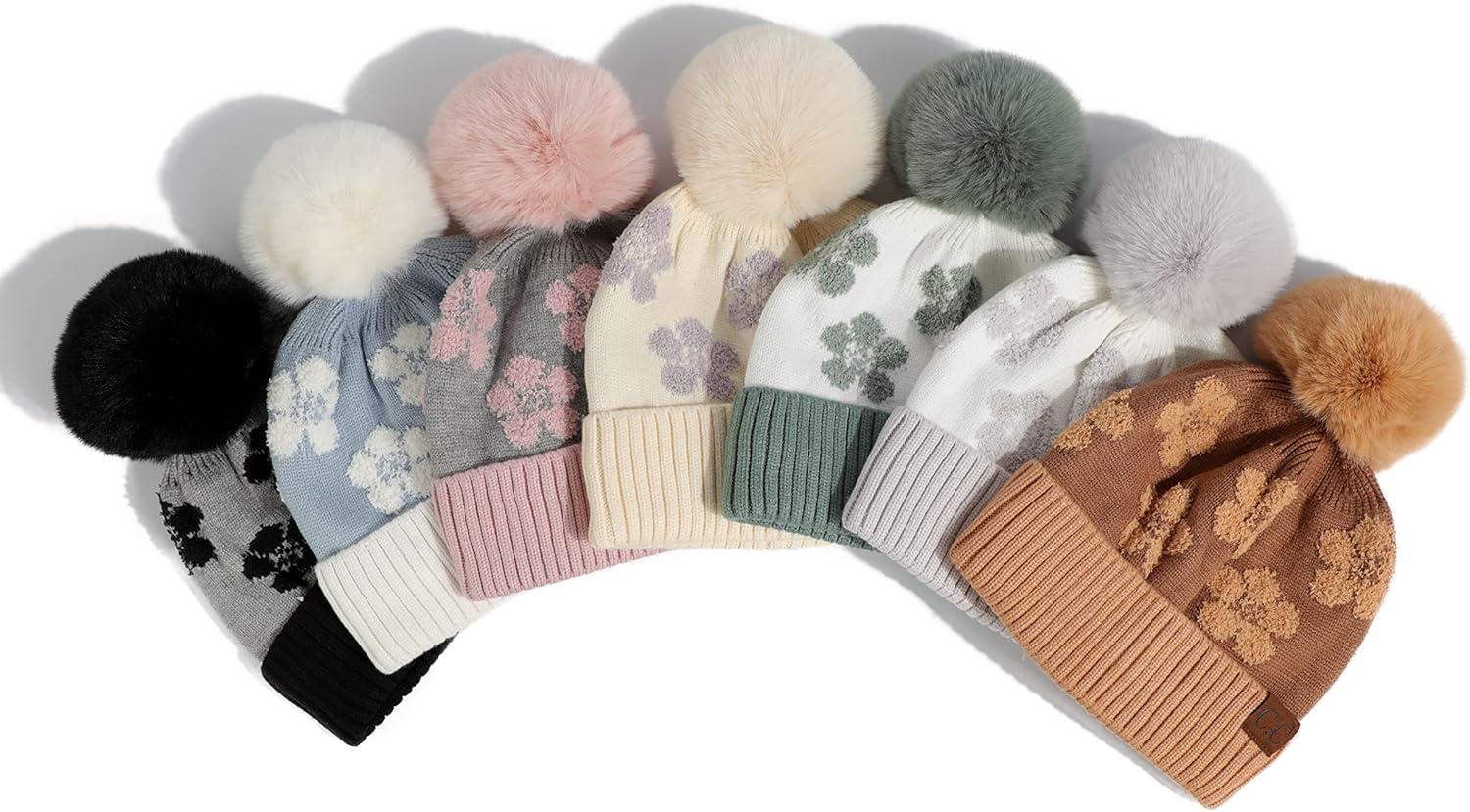 imageCC Exclusives Plush Yarn Pom Beanie hat with Daisy Pattern HAT2093HAT3001HAT4005HAT4009HAT4023Daisyblack