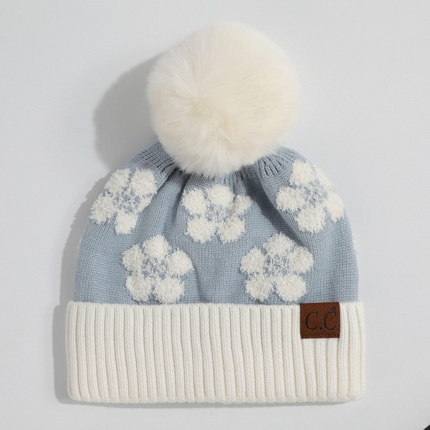 imageCC Exclusives Plush Yarn Pom Beanie hat with Daisy Pattern HAT2093HAT3001HAT4005HAT4009HAT4023Daisyblue