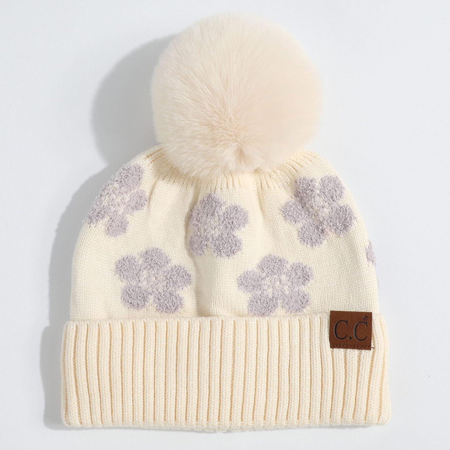imageCC Exclusives Plush Yarn Pom Beanie hat with Daisy Pattern HAT2093HAT3001HAT4005HAT4009HAT4023Daisylavender