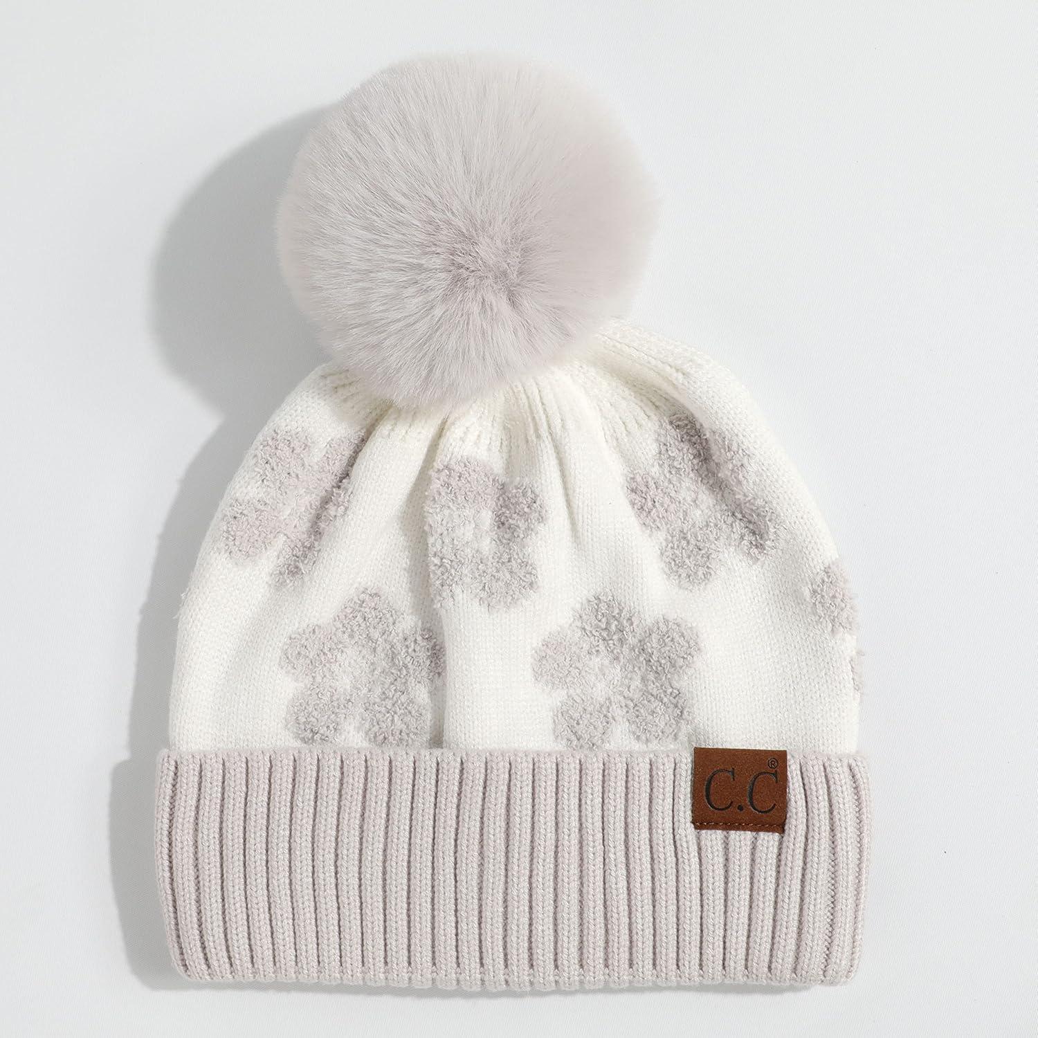 imageCC Exclusives Plush Yarn Pom Beanie hat with Daisy Pattern HAT2093HAT3001HAT4005HAT4009HAT4023Daisyltmelgrey