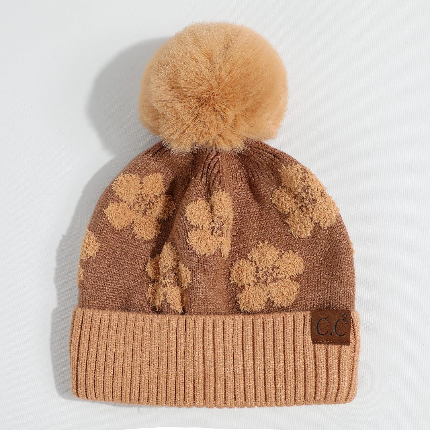 imageCC Exclusives Plush Yarn Pom Beanie hat with Daisy Pattern HAT2093HAT3001HAT4005HAT4009HAT4023Daisysand