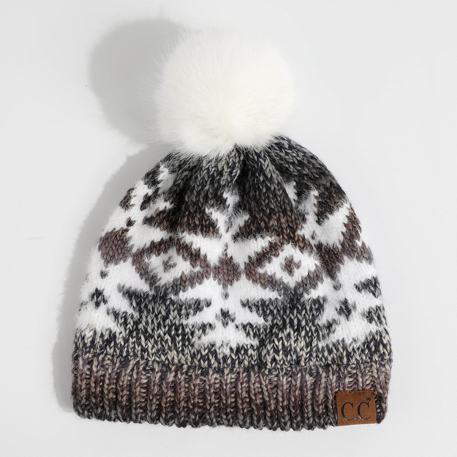imageCC Exclusives Plush Yarn Pom Beanie hat with Daisy Pattern HAT2093HAT3001HAT4005HAT4009HAT4023Multi Yarn Aztecgrey Mix