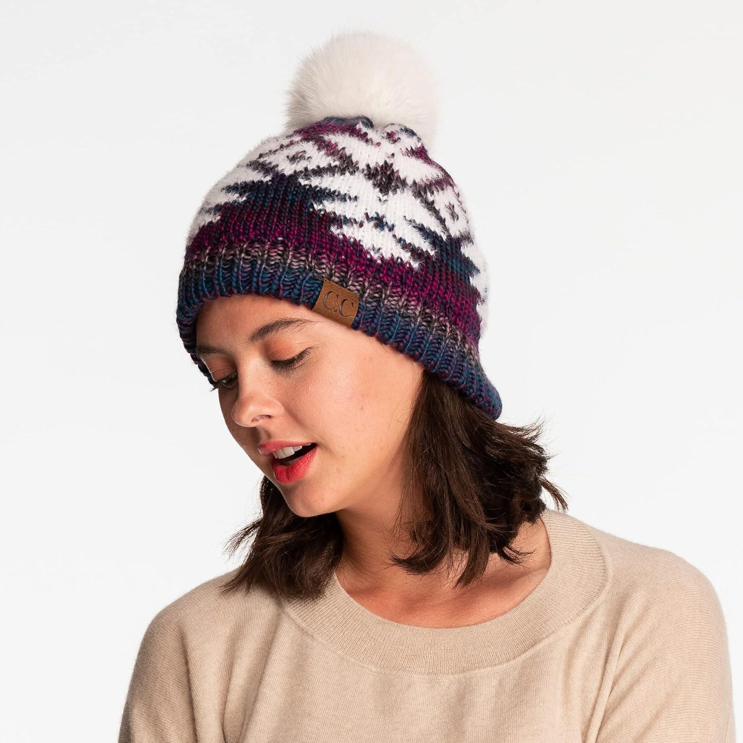 imageCC Exclusives Plush Yarn Pom Beanie hat with Daisy Pattern HAT2093HAT3001HAT4005HAT4009HAT4023Multi Yarn Aztecpurple Mix