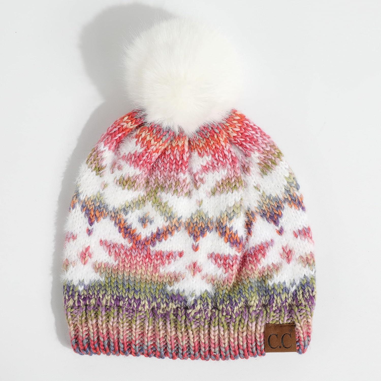 imageCC Exclusives Plush Yarn Pom Beanie hat with Daisy Pattern HAT2093HAT3001HAT4005HAT4009HAT4023Multi Yarn Aztecrose Mix