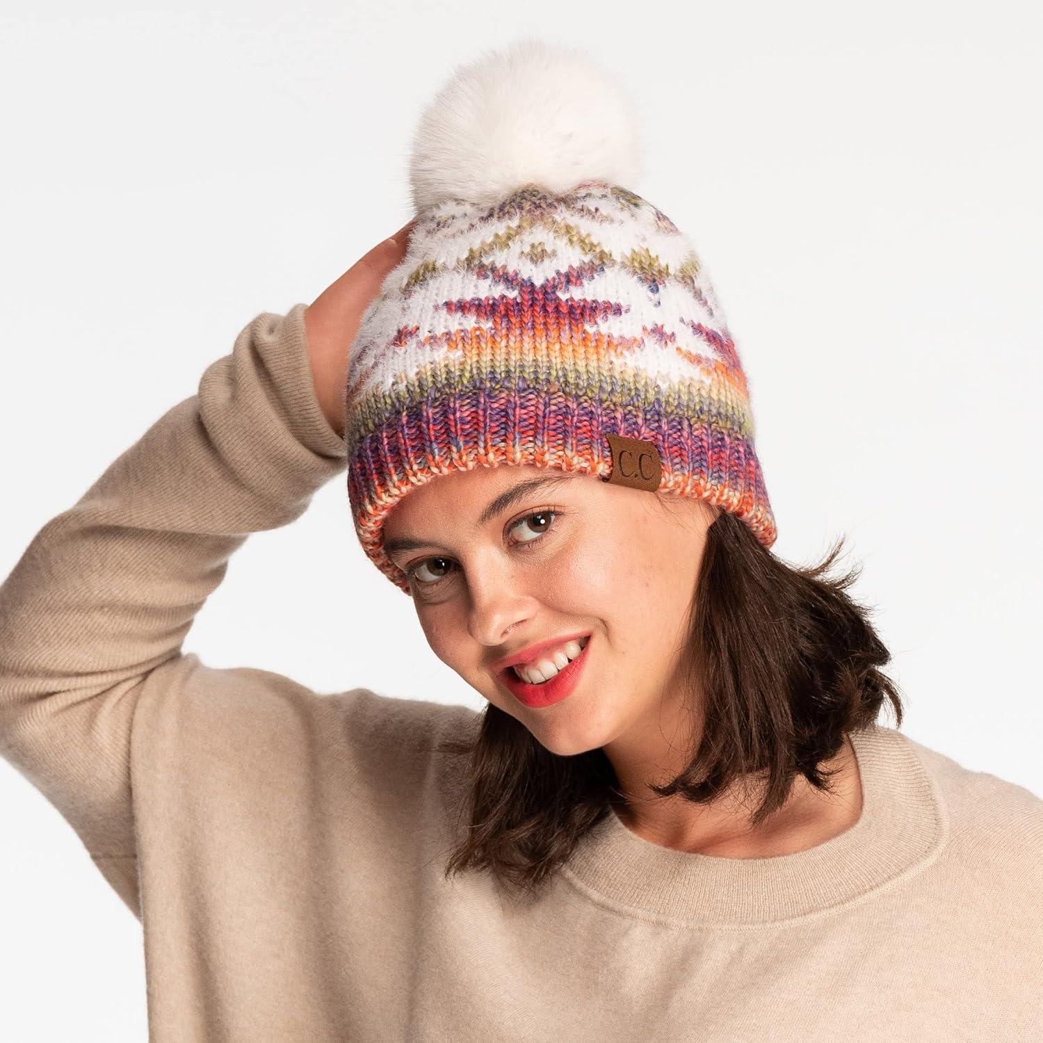 imageCC Exclusives Plush Yarn Pom Beanie hat with Daisy Pattern HAT2093HAT3001HAT4005HAT4009HAT4023Multi Yarn Aztecrose Mix